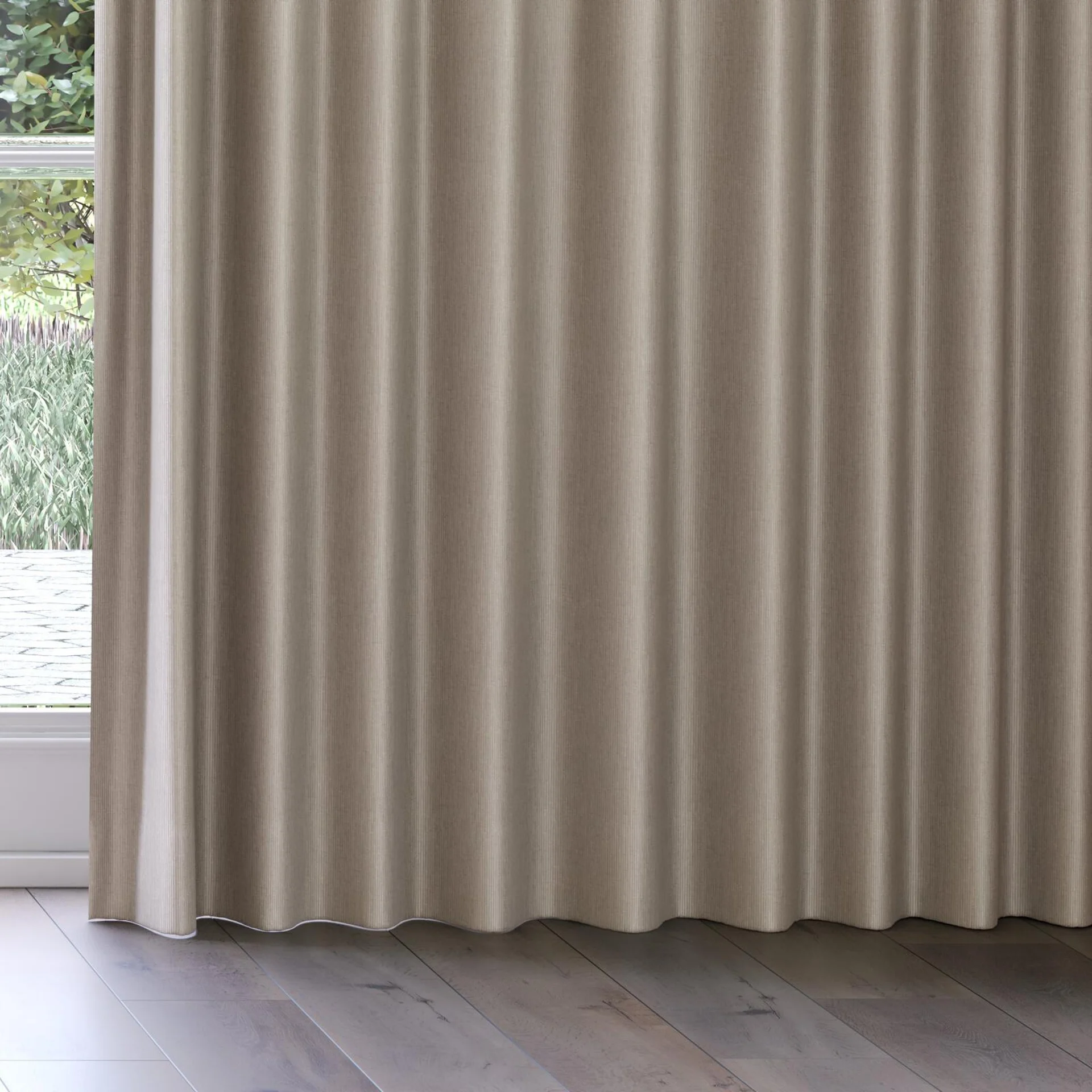 Bottom view of Hombre Taupe, on curtain rail