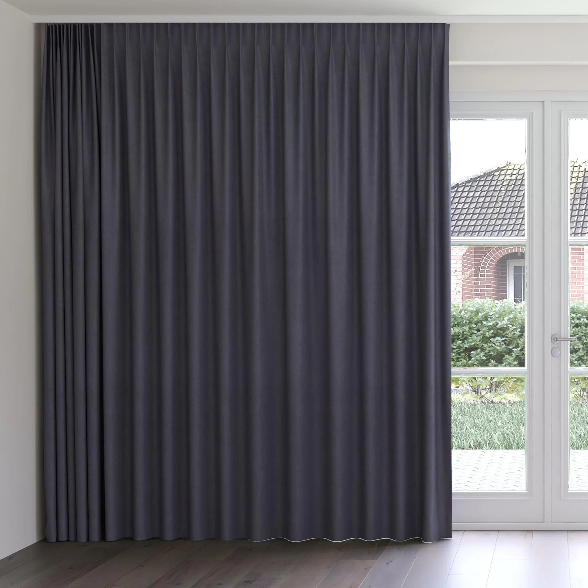 Front view of Moon Charcoal, on curtain rail
