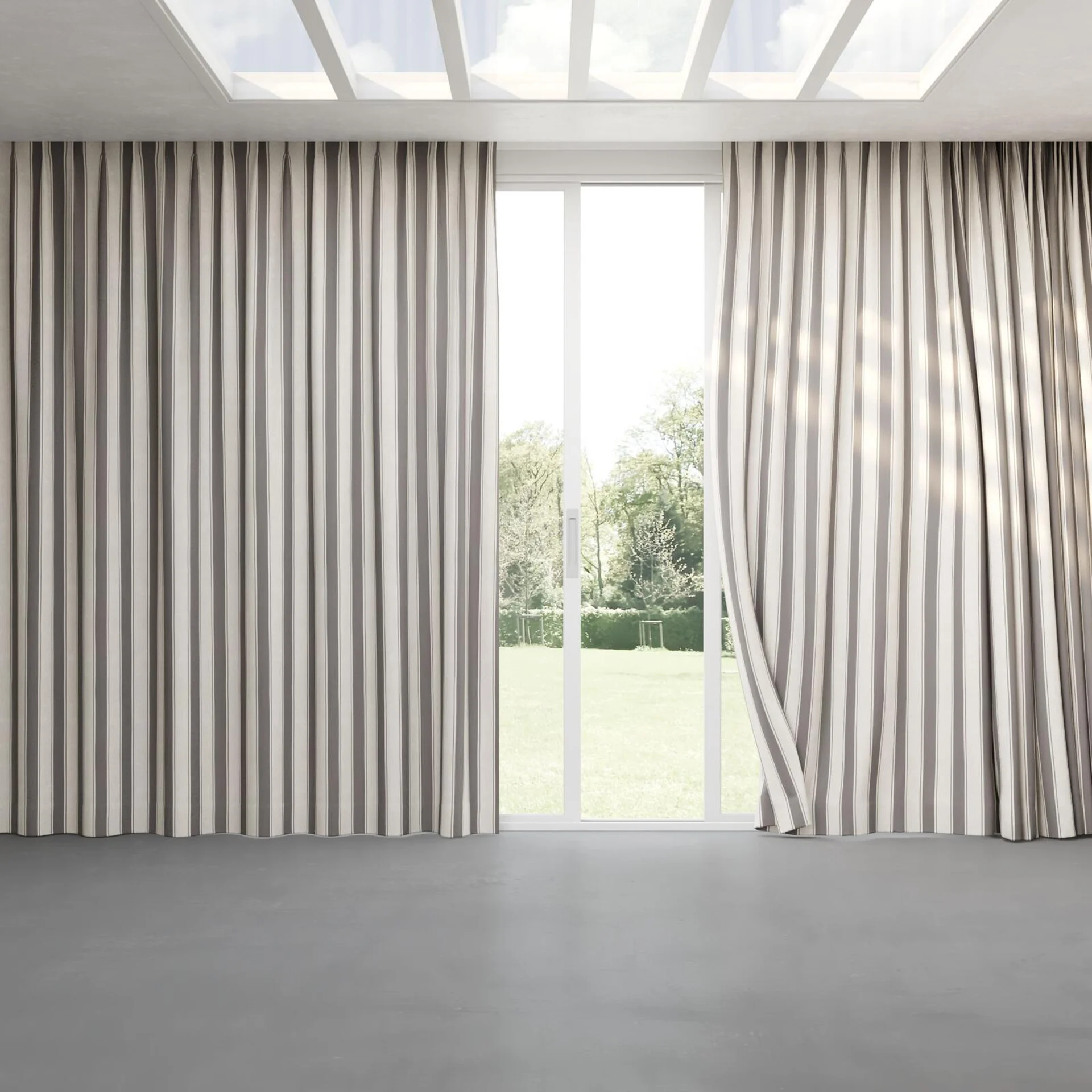 Full view of Broad Stripe Charcoal, pinch pleat