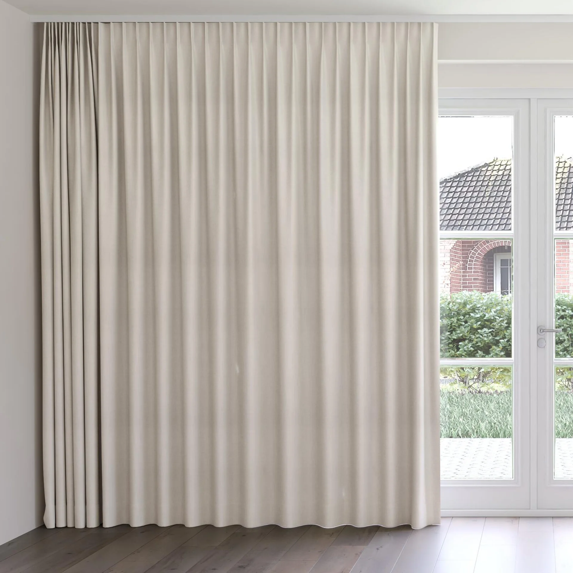 Front view of Loci Dim Out Ecru, on curtain rail