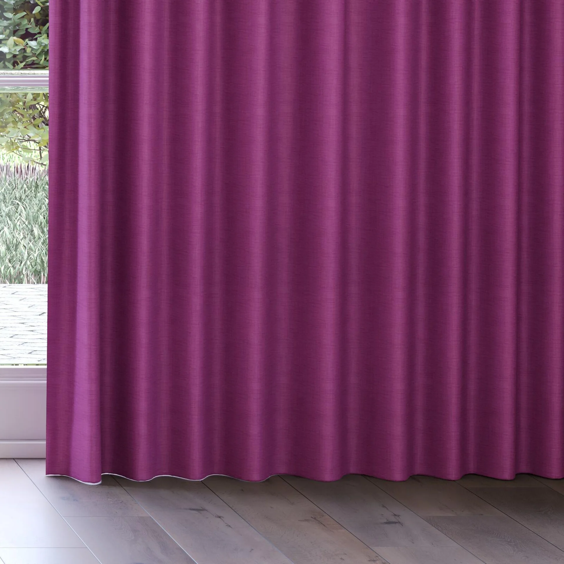 Bottom view of Loci Dim Out Fuchsia, on curtain rail