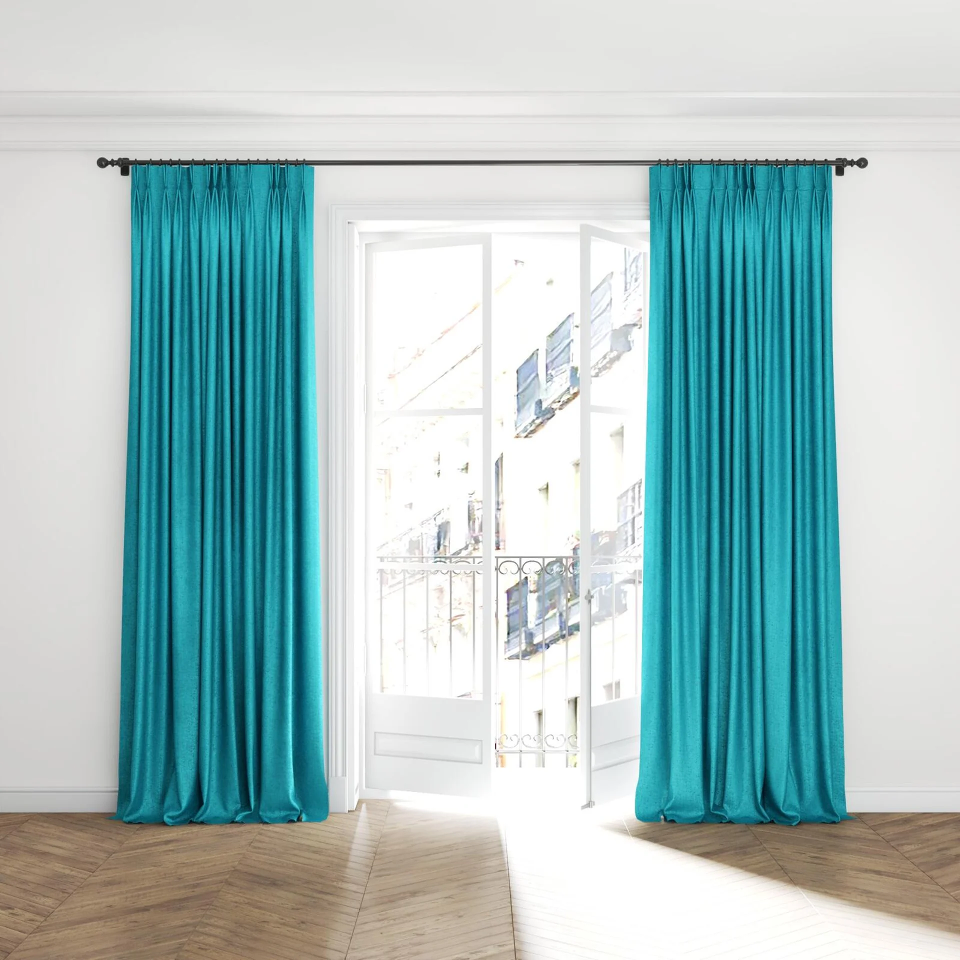 Full view of Hug Turquoize, puddled with pinch pleat, on curtain rod
