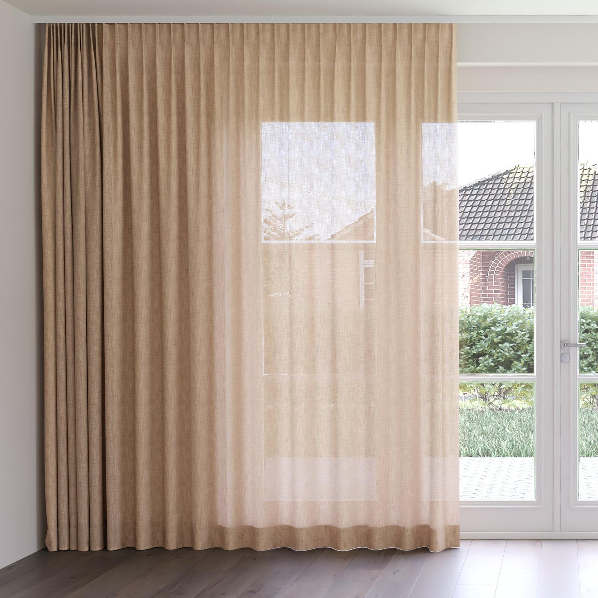 Front view of Motion Caramel, on curtain rail