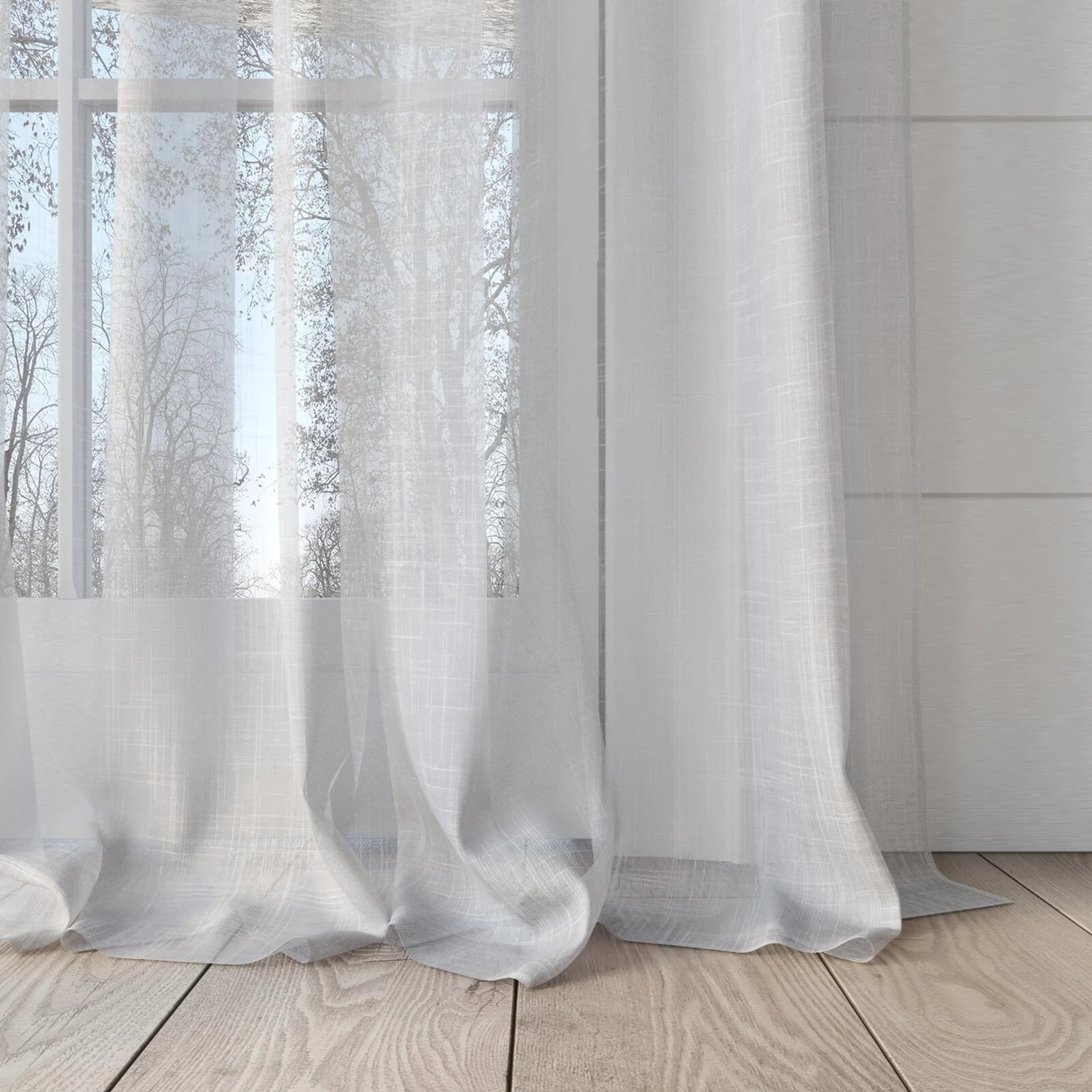 Bottom view of Attica Natural, puddled, on curtain rod