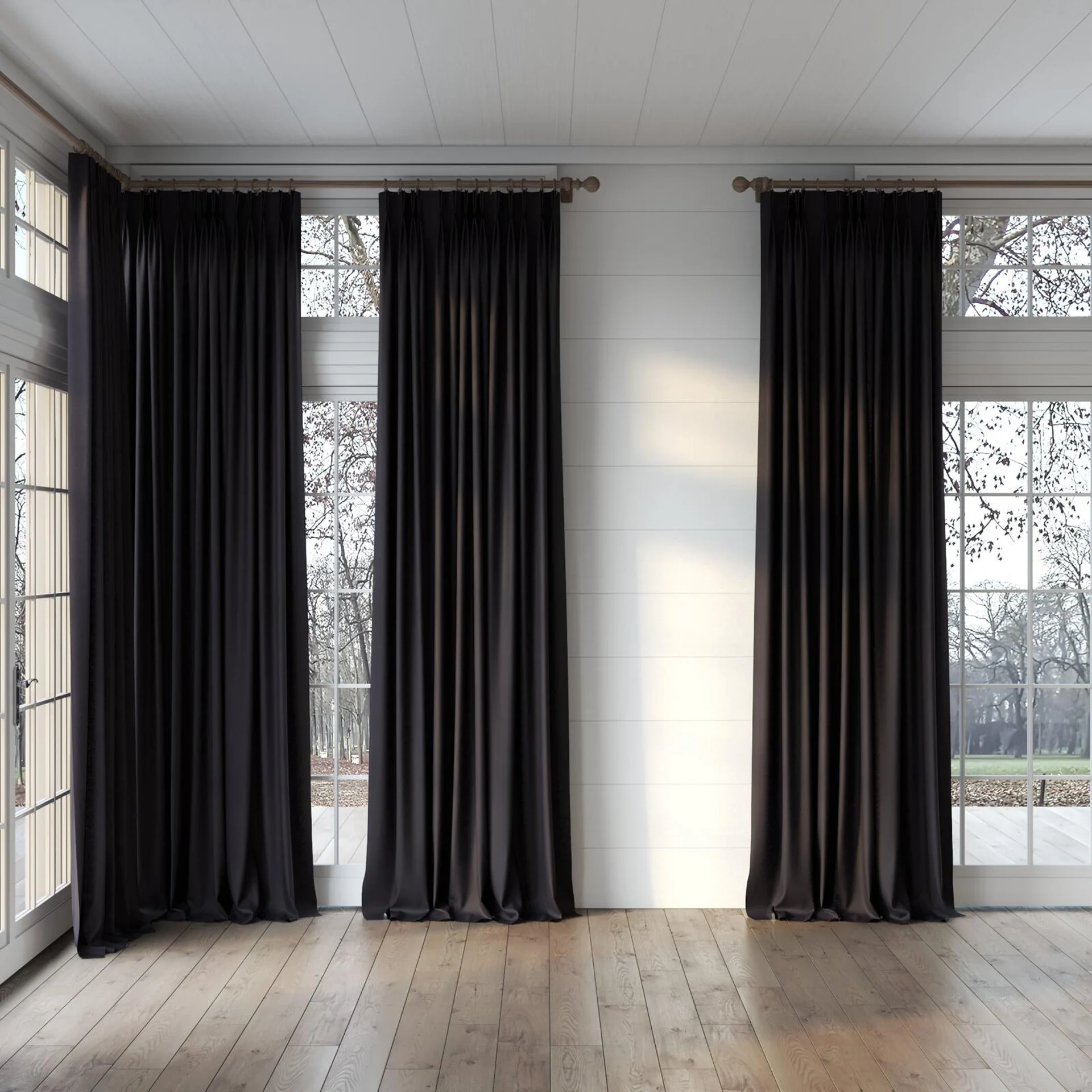 Full view of Loci Dim Out Onyx, puddled, on curtain rod