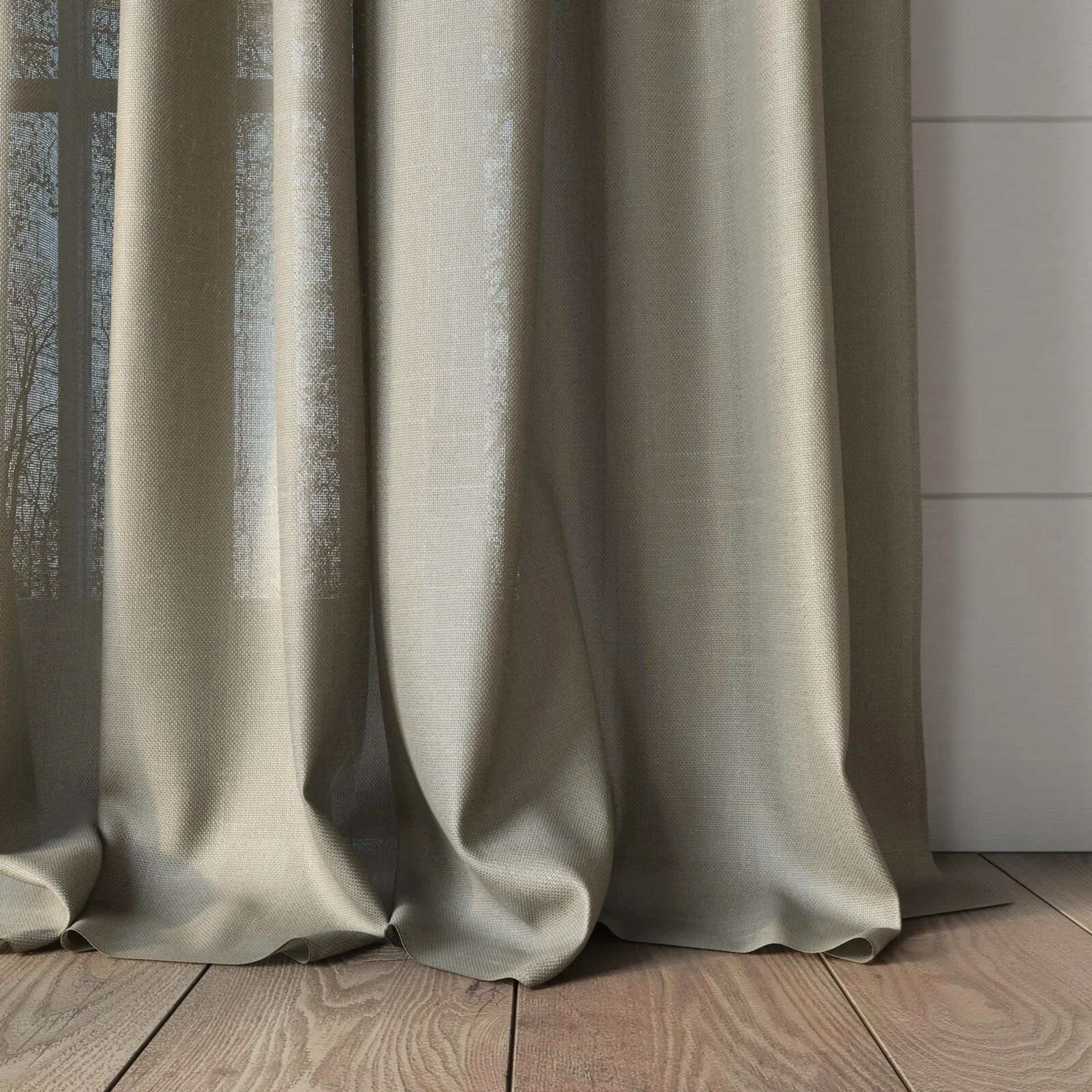 Bottom view of Gilgamesh Linen, puddled, on curtain rod