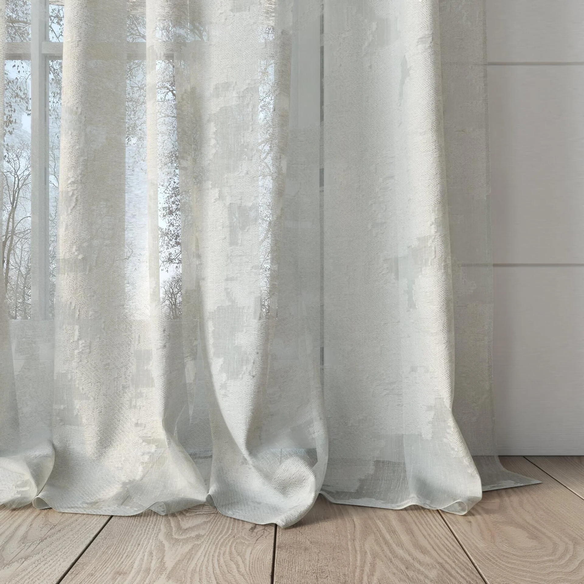 Bottom view of Triora Plaza, puddled, on curtain rod