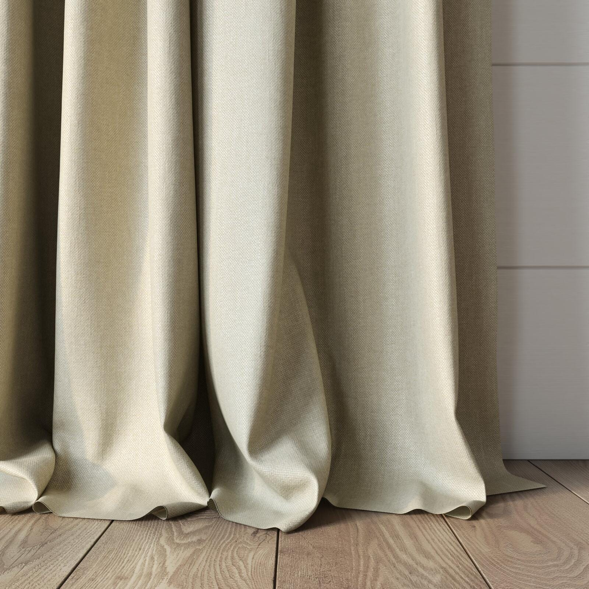 Bottom view of Bronco Natural, puddled, on curtain rod