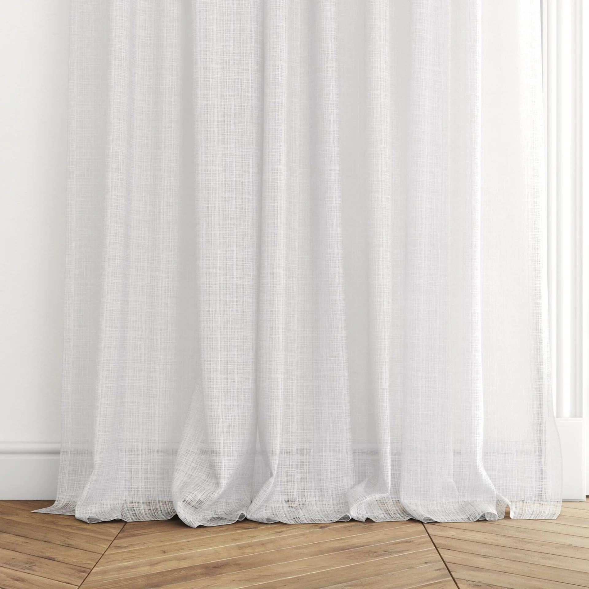 Bottom view of Scandinese Whitewash, puddled with pinch pleat, on curtain rod