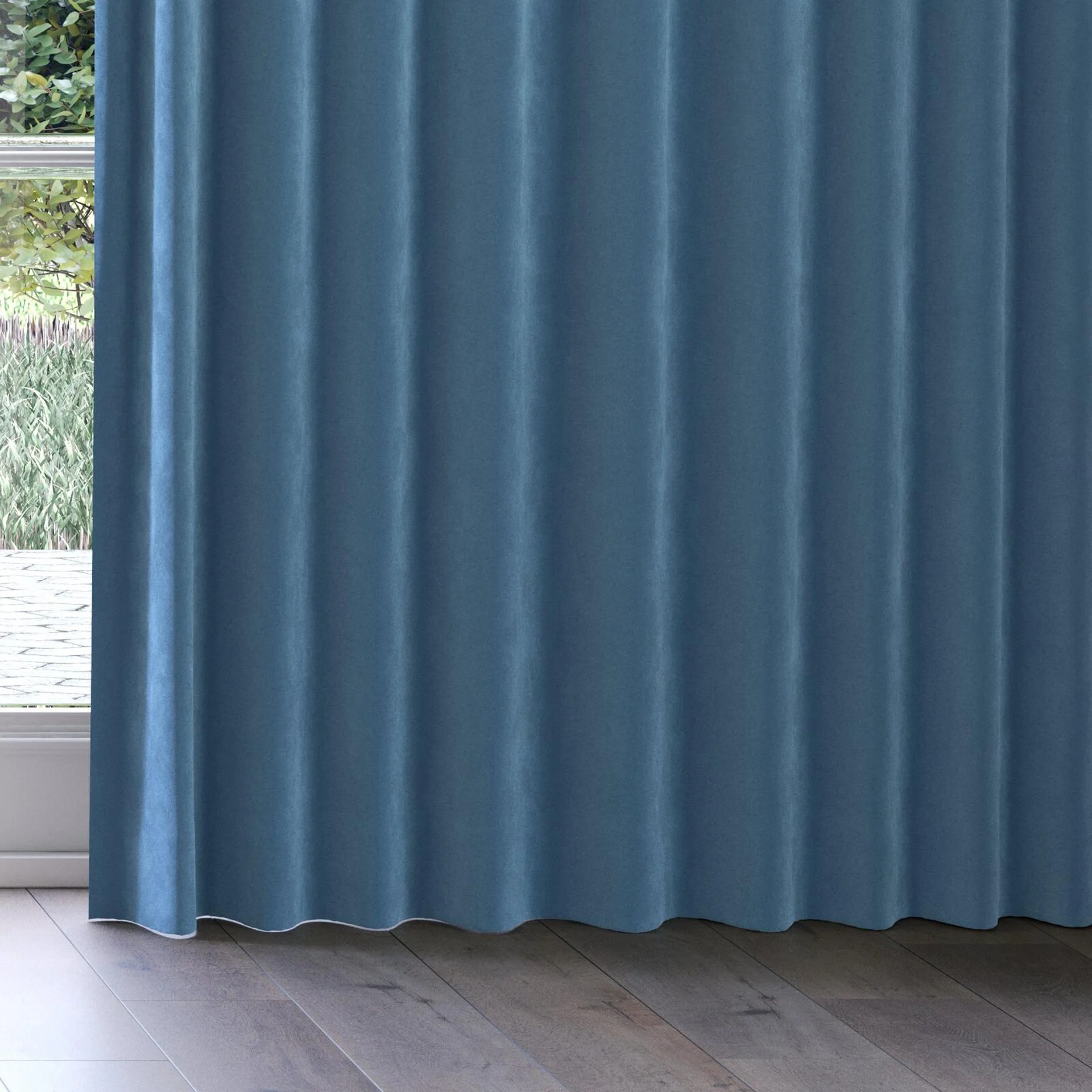 Bottom view of Lux Velvet Azure 8817, on curtain rail