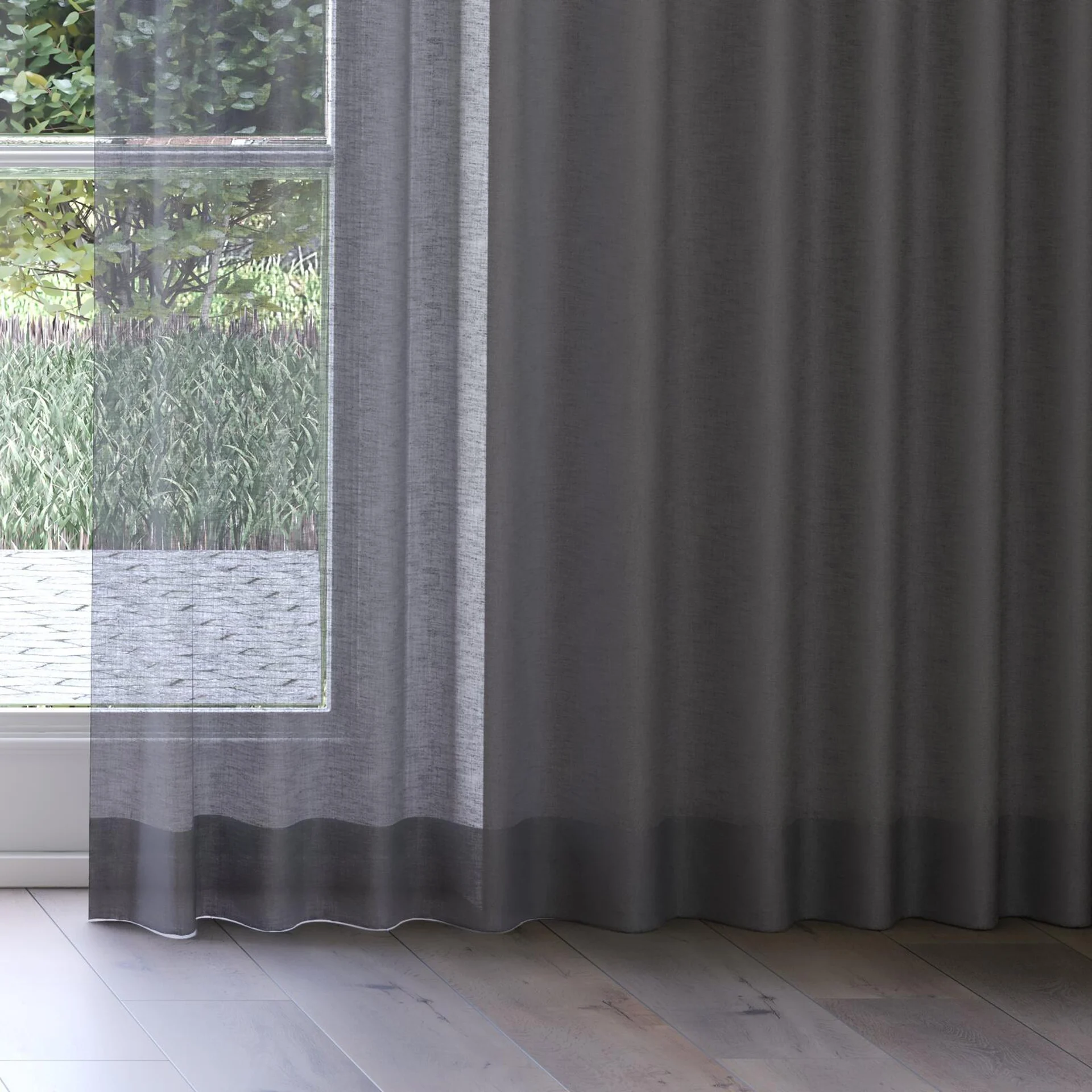Bottom view of Cirrus Charcoal, on curtain rail