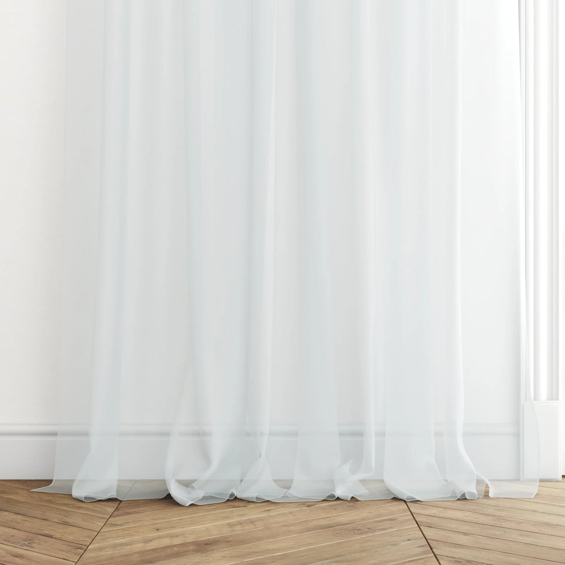 Bottom view of Xo Fog, puddled with pinch pleat, on curtain rod