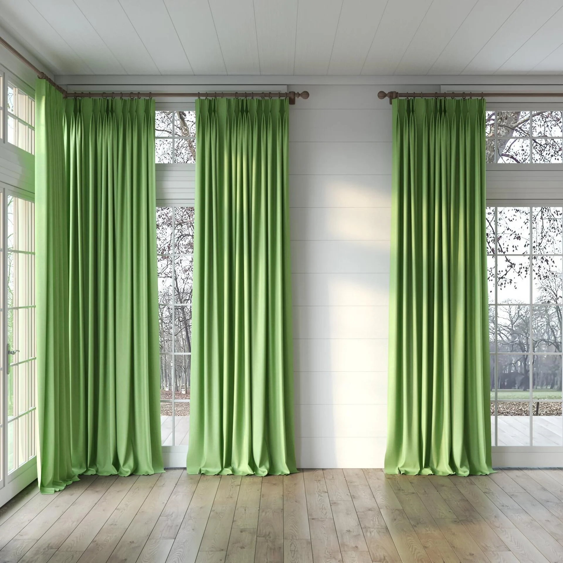 Full view of Cushy Apple, puddled, on curtain rod