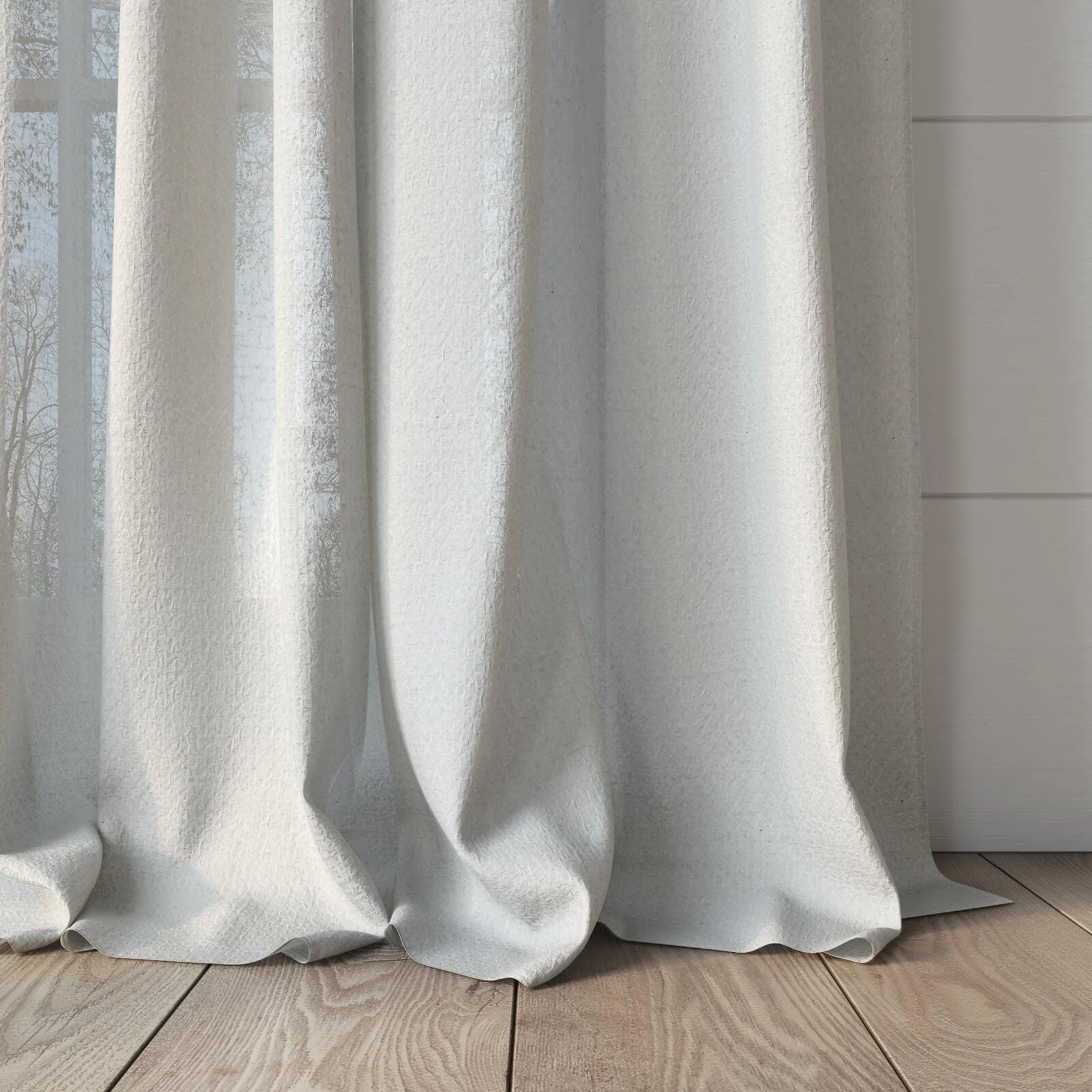 Bottom view of Origami Mist, puddled, on curtain rod