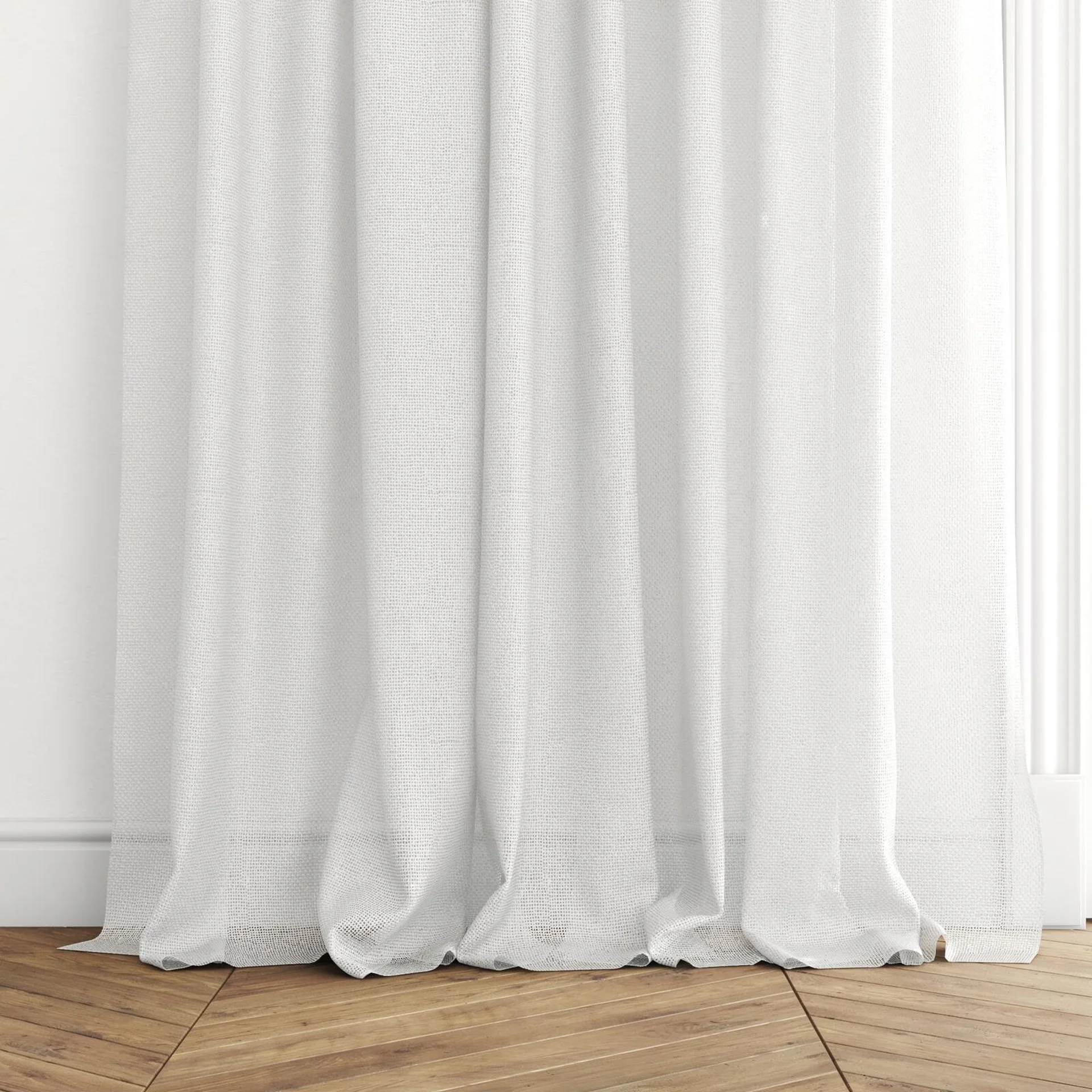 Bottom view of Tactility Paper, puddled with pinch pleat, on curtain rod