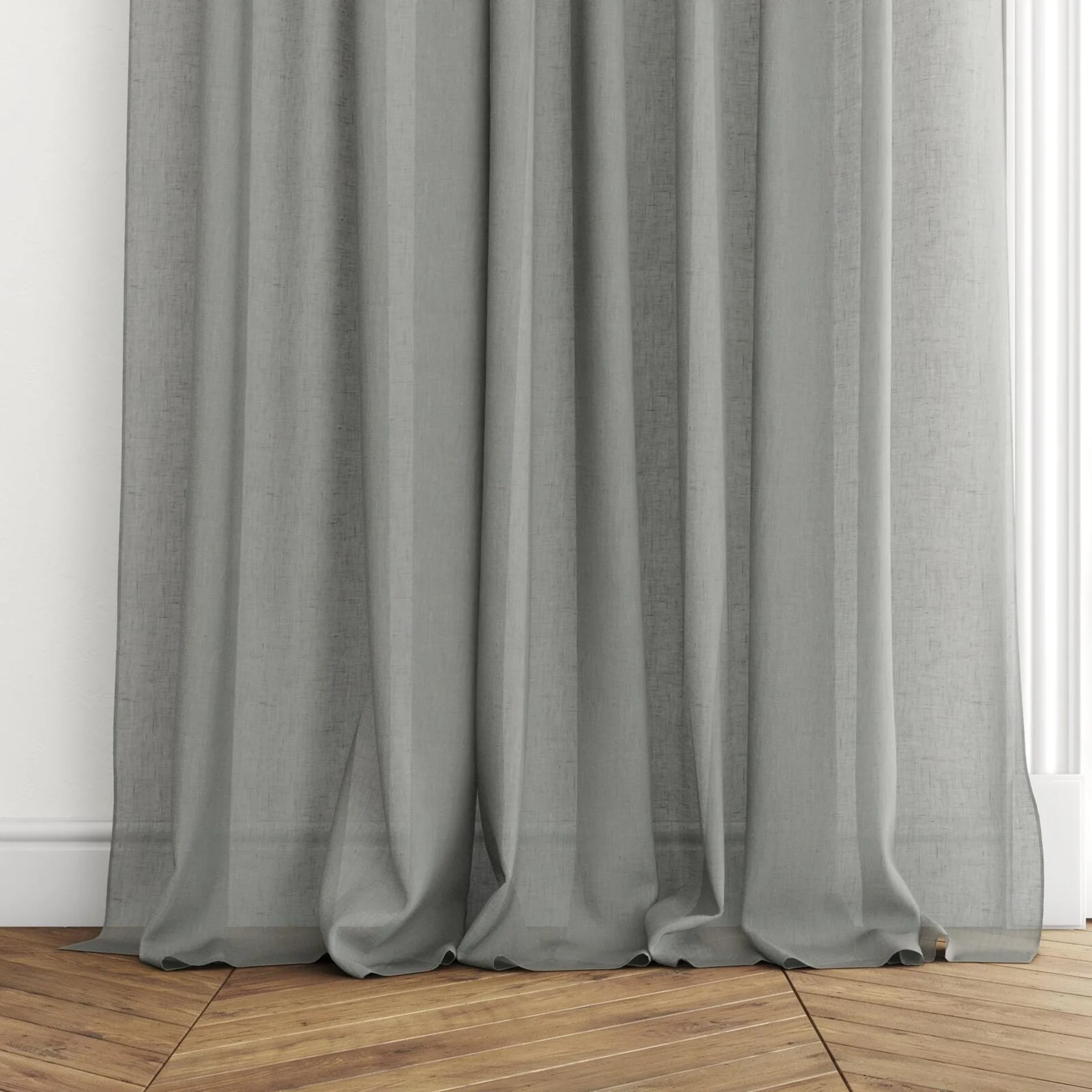 Bottom view of Lino Mineral, puddled with pinch pleat, on curtain rod