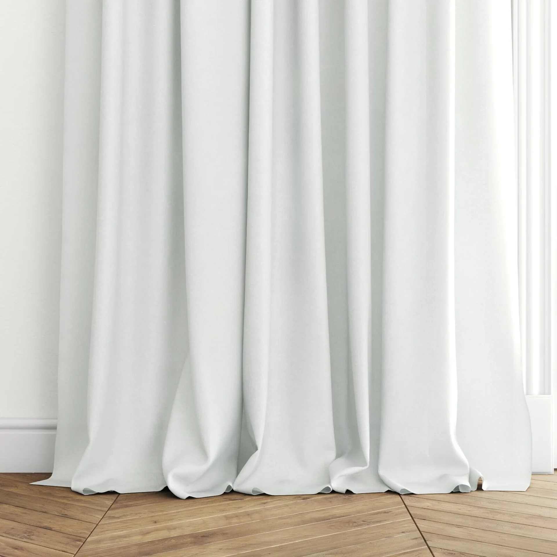 Bottom view of Pure Swan, puddled with pinch pleat, on curtain rod