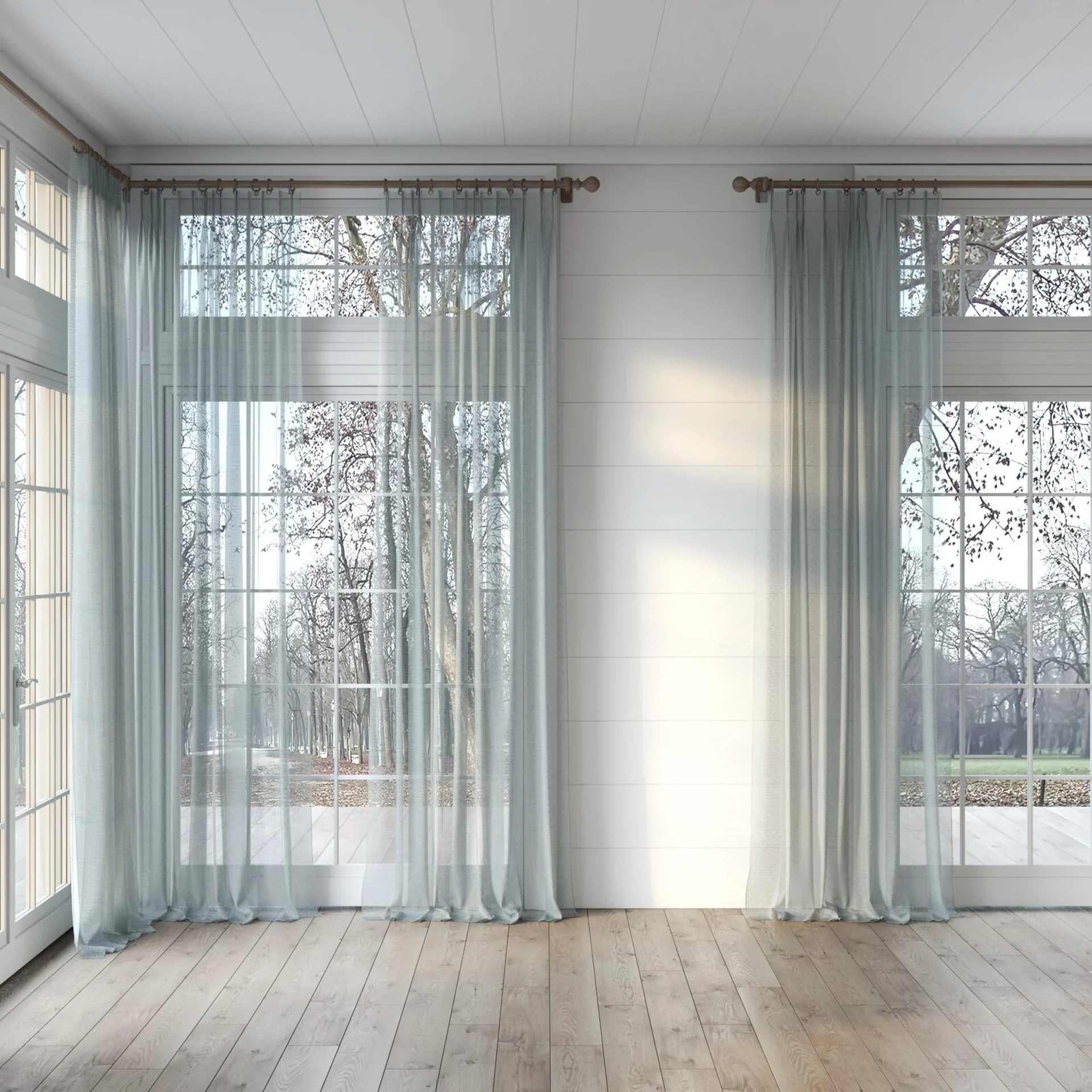 Full view of Radiant Sky, puddled, on curtain rod