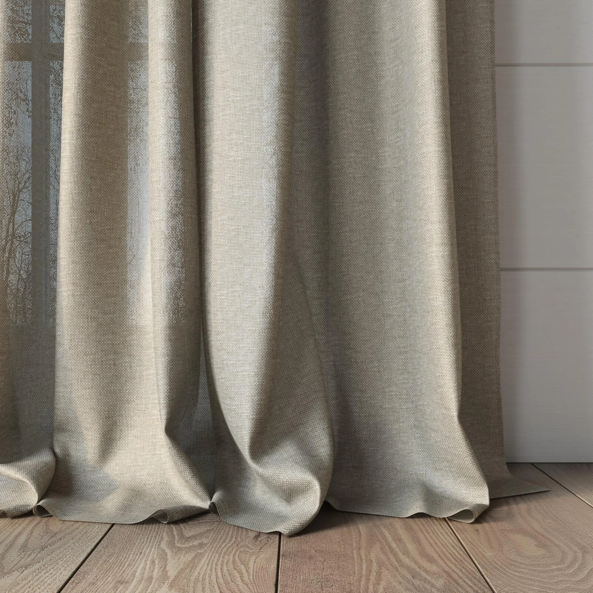 Bottom view of Sensation Dune, puddled, on curtain rod