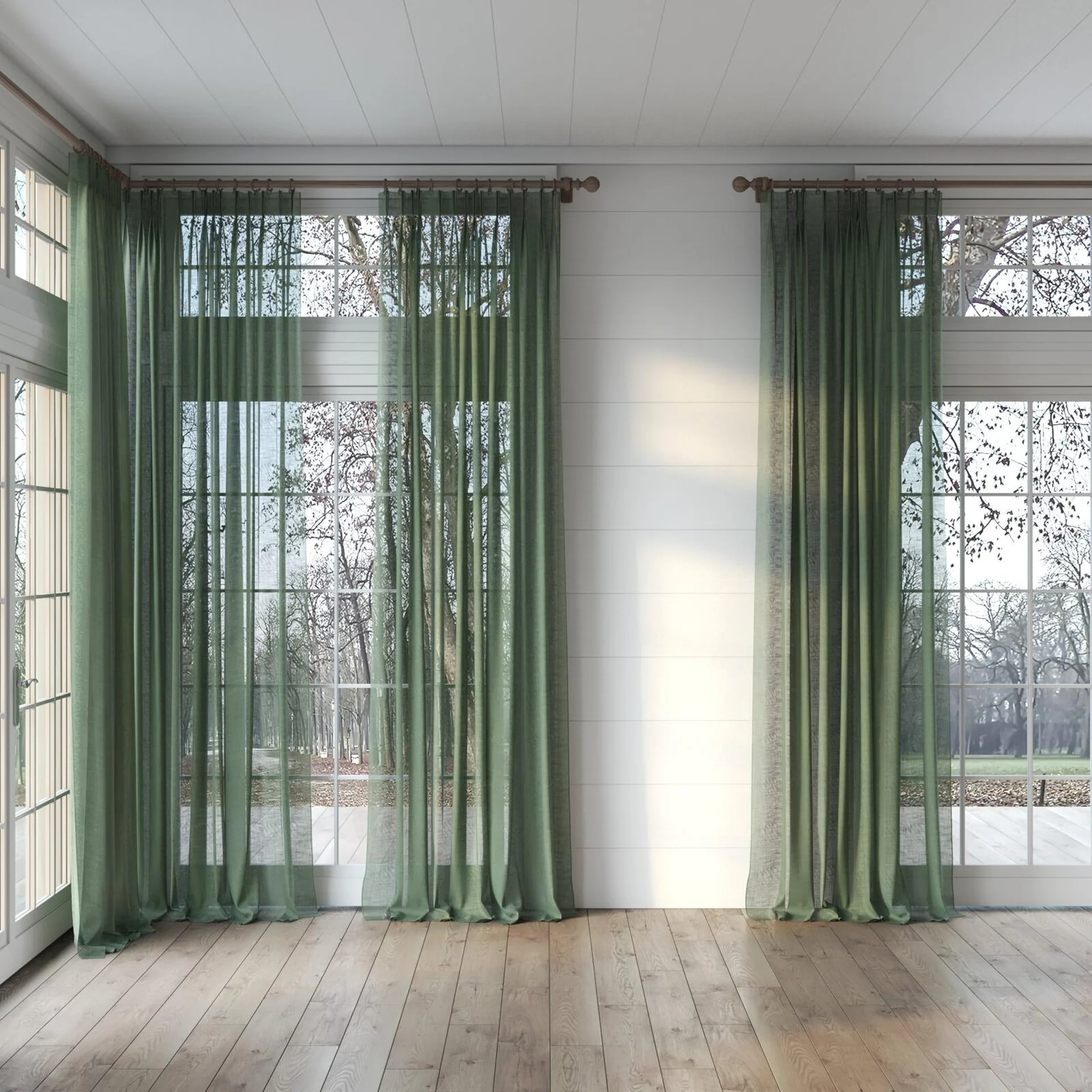 Full view of Verdant Olive, puddled, on curtain rod