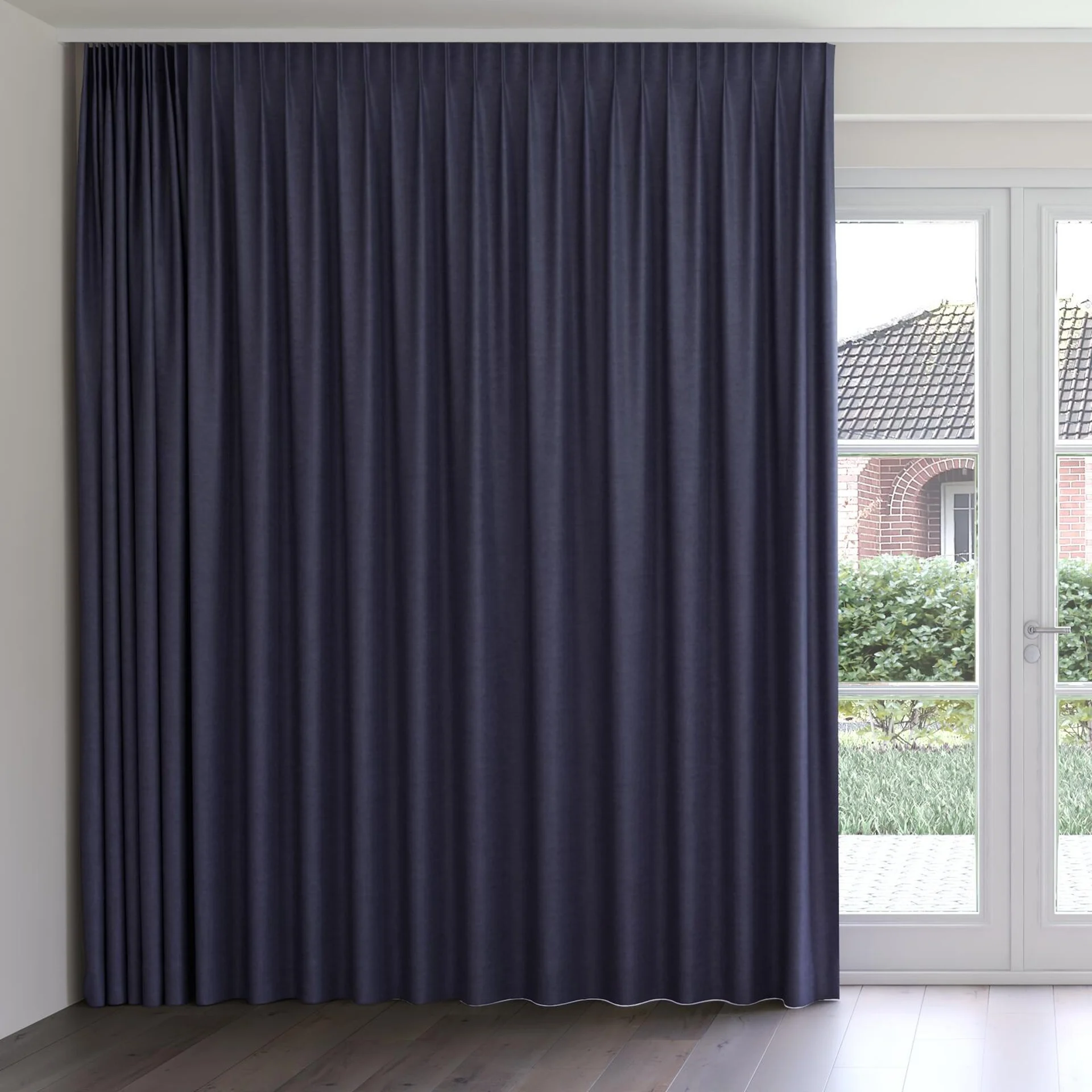 Front view of Colourwash Navy, on curtain rail