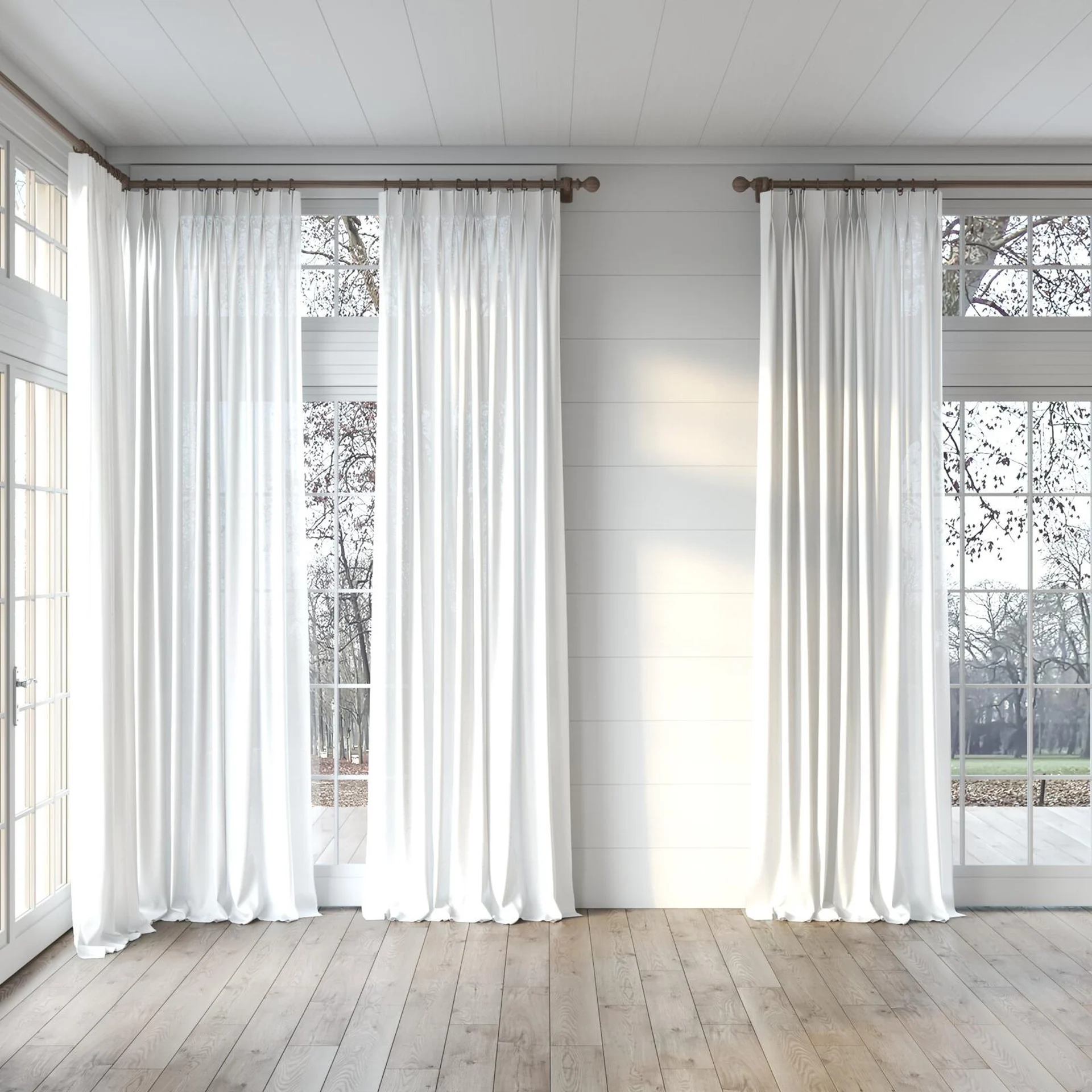 Full view of Kite Greige, puddled, on curtain rod
