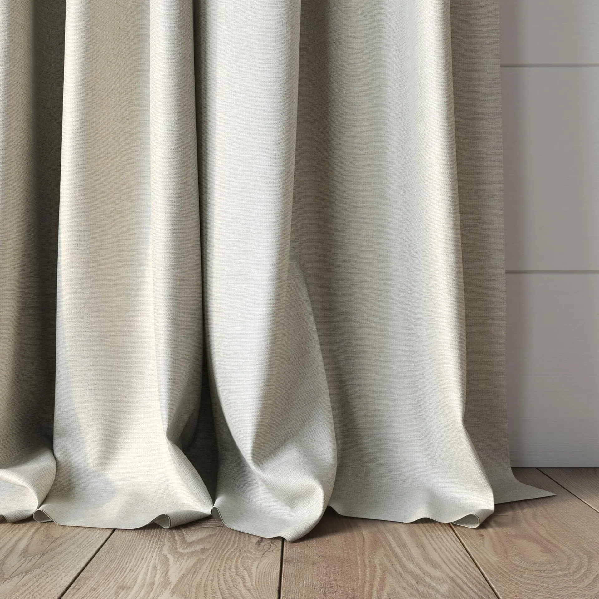 Bottom view of Ocean Linen, puddled, on curtain rod