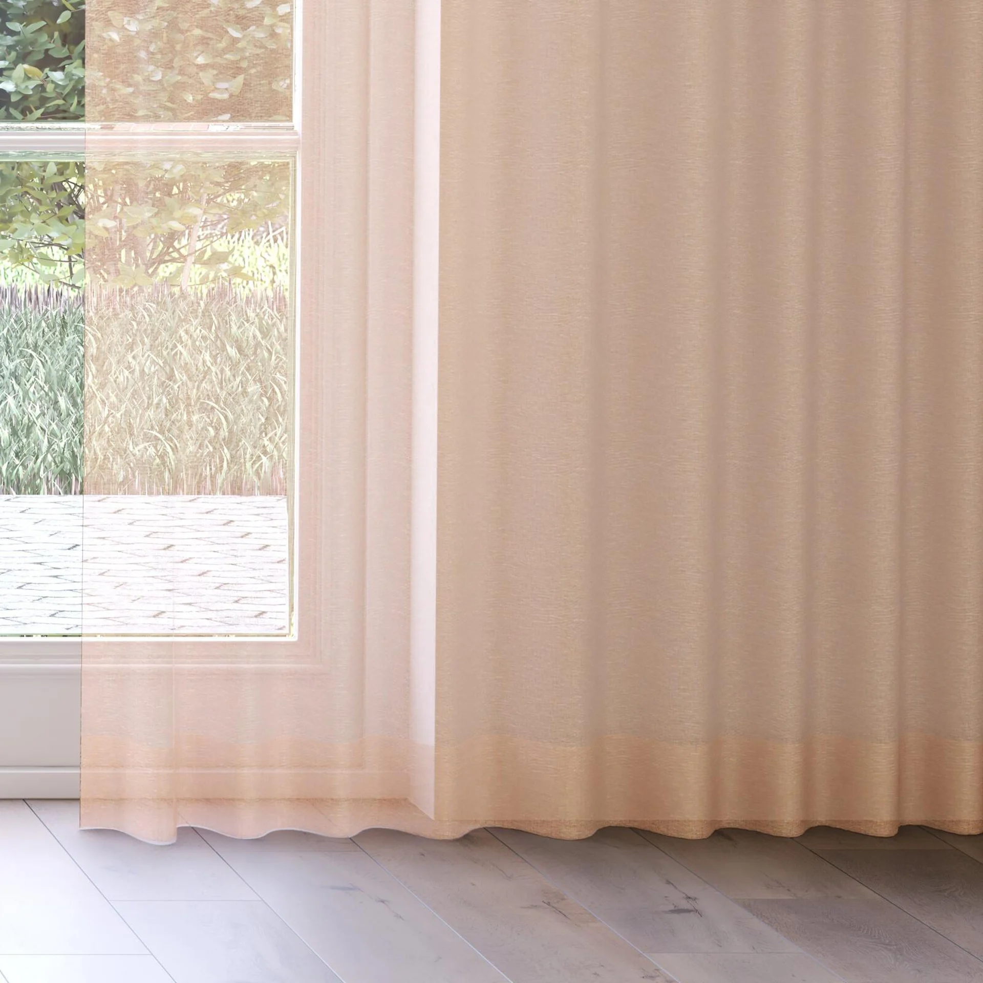 Bottom view of Pure Linen Topaz, on curtain rail