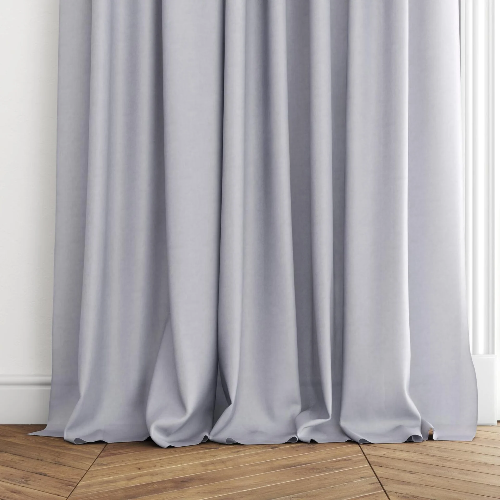 Bottom view of Flo II Silver, puddled with pinch pleat, on curtain rod