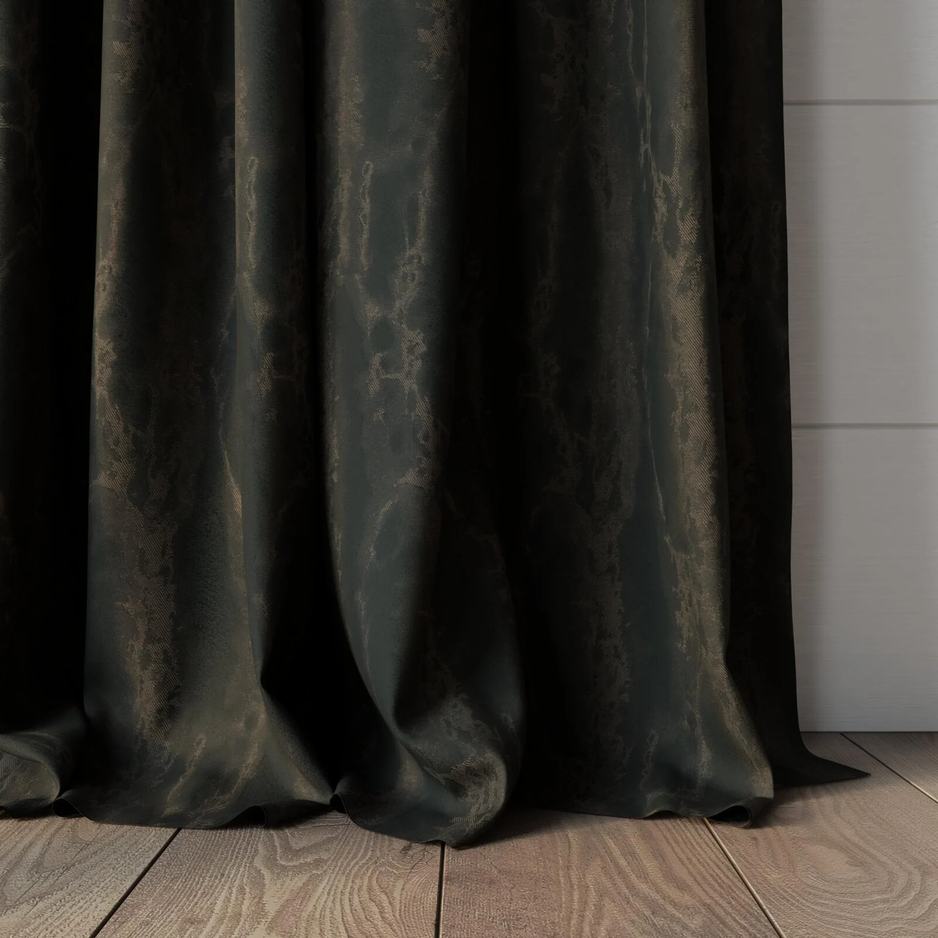 Bottom view of Anthology Onyx, puddled, on curtain rod