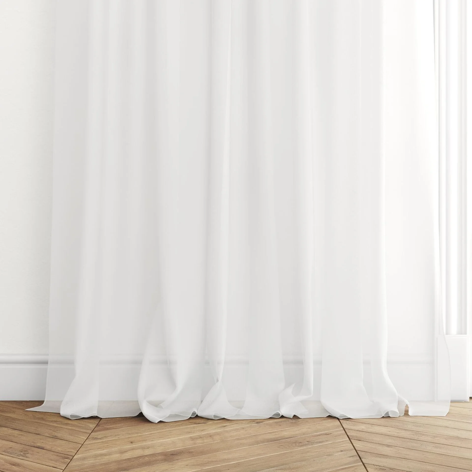 Bottom view of Zine Ivory, puddled with pinch pleat, on curtain rod