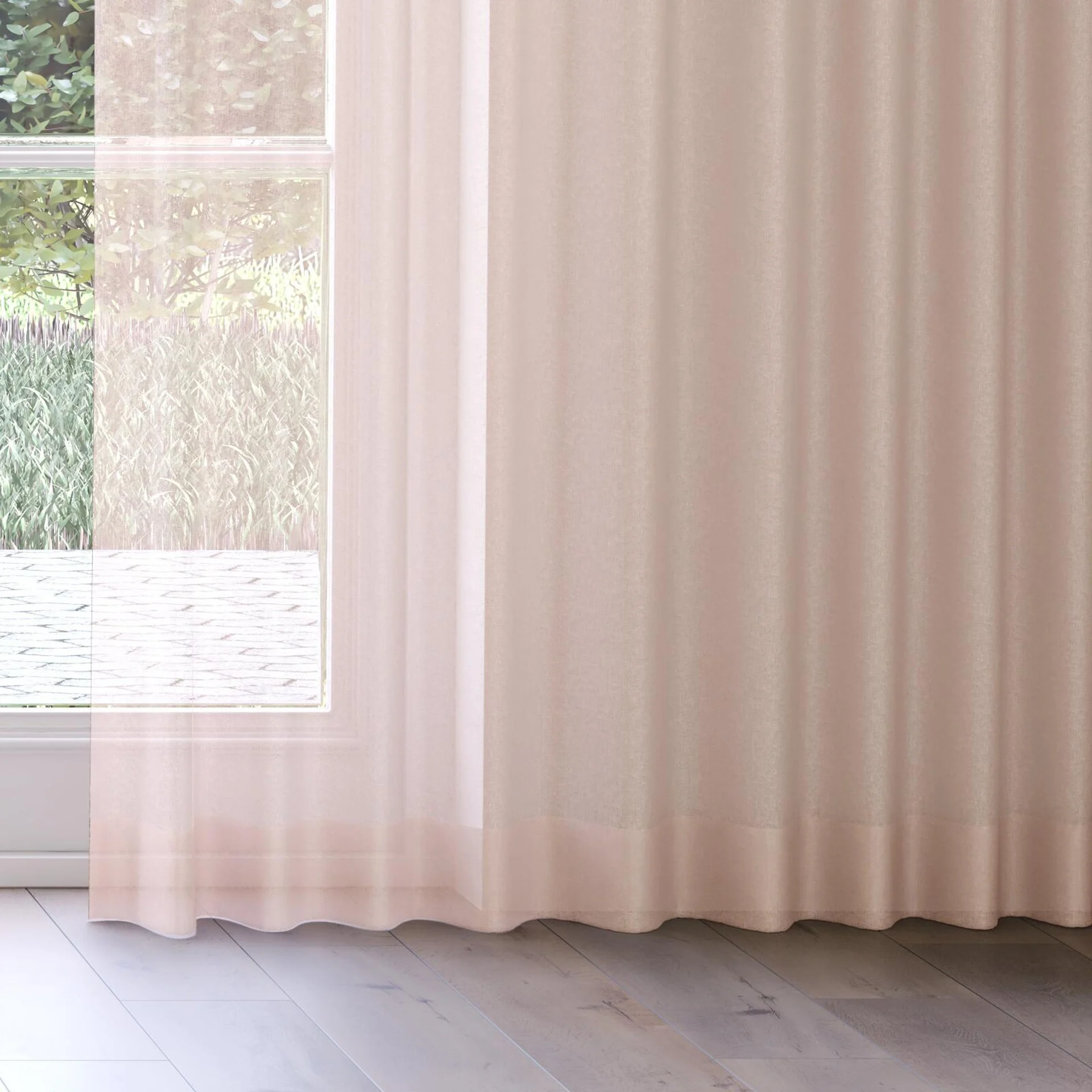 Bottom view of Reverie Blush, on curtain rail