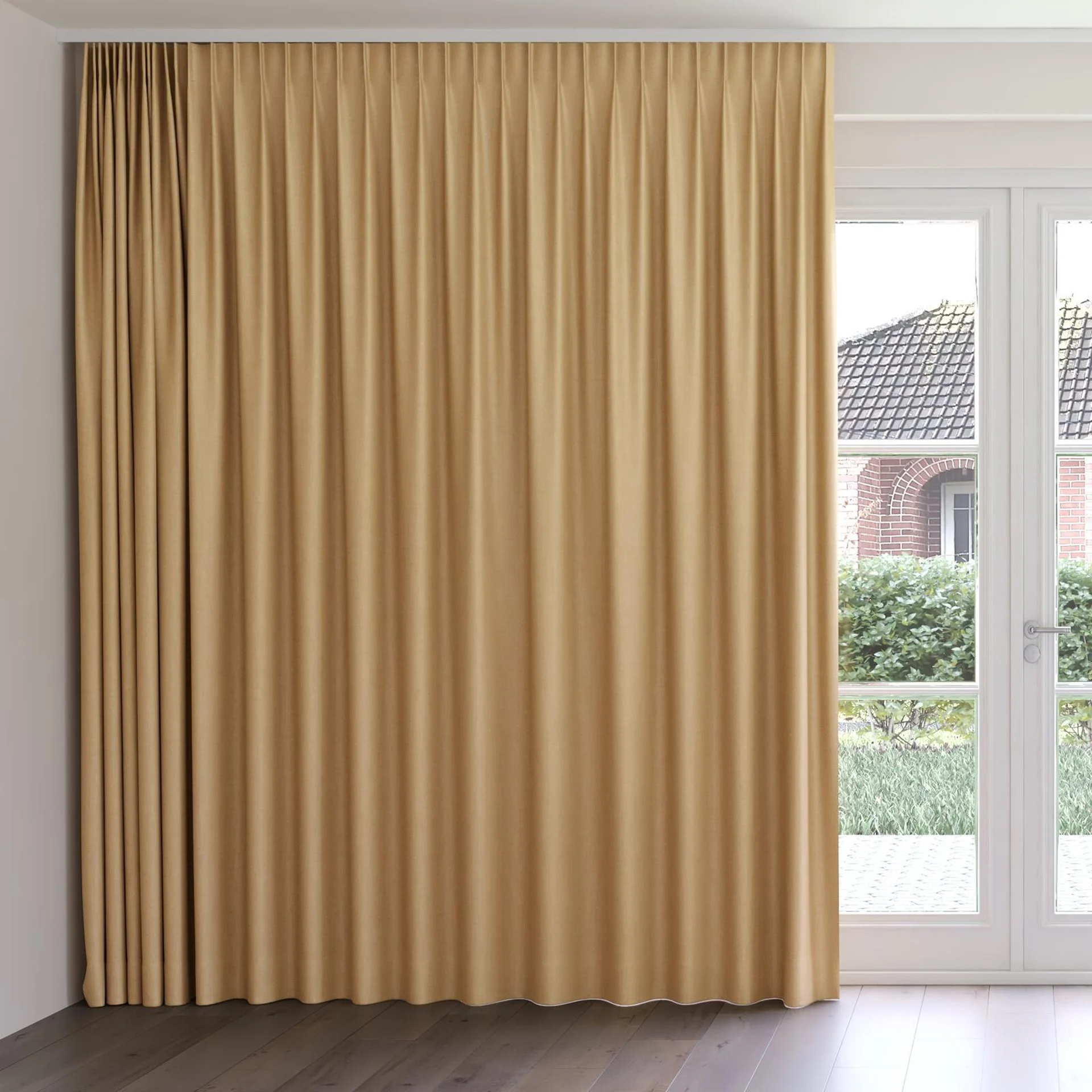 Front view of Gent Mandarin, on curtain rail