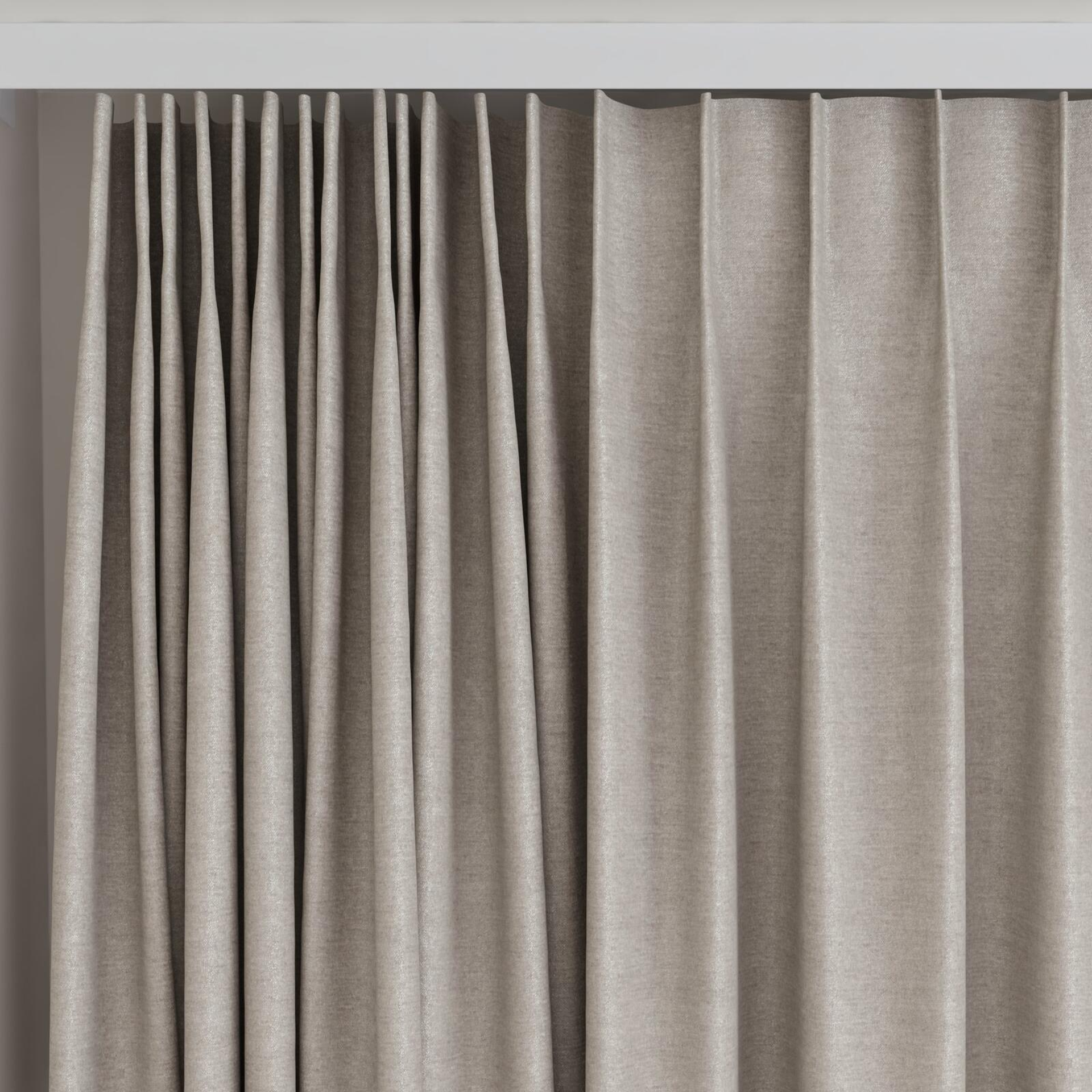 Top view of Drama Pussywillow, on curtain rail