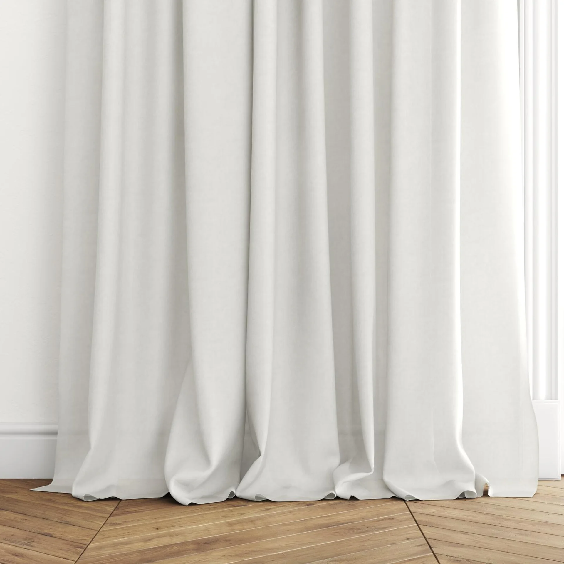 Bottom view of Flo II Greige, puddled with pinch pleat, on curtain rod