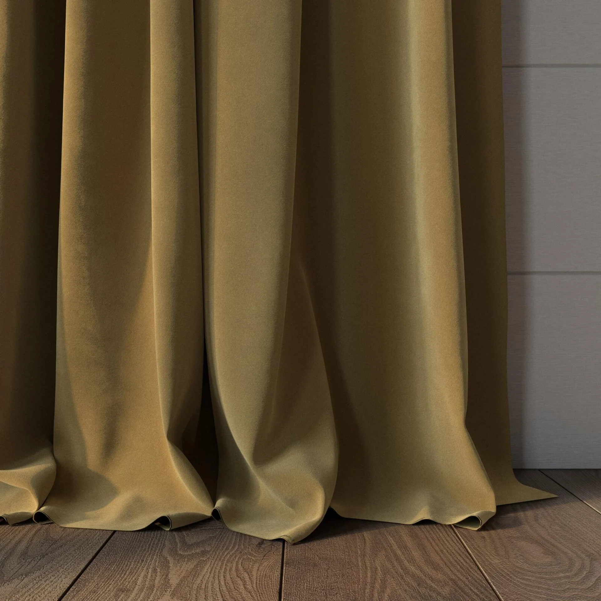 Bottom view of Verbier Camel, puddled, on curtain rod