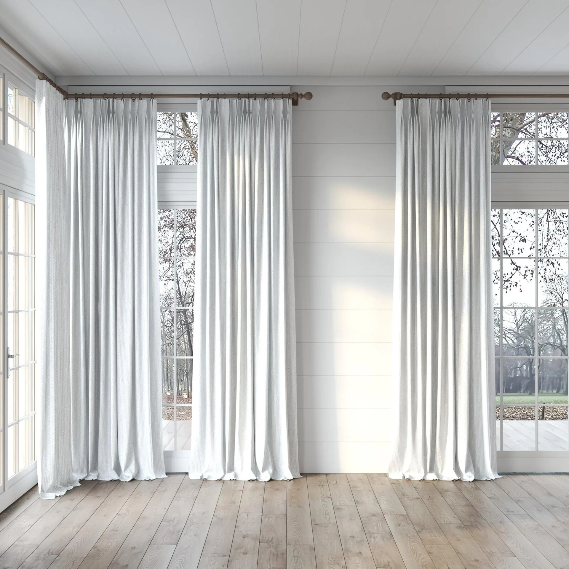 Full view of Semblance Pearl, puddled, on curtain rod