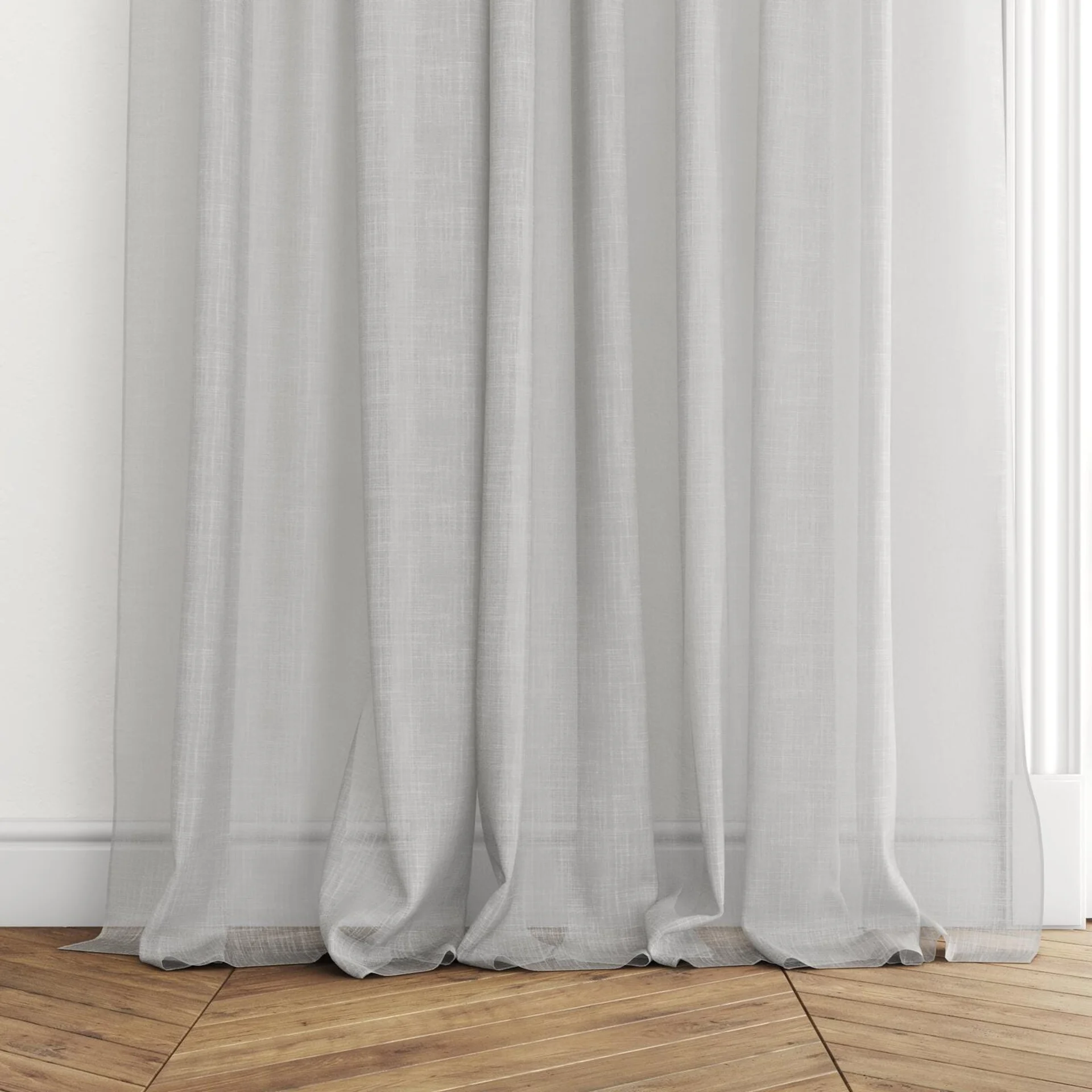 Bottom view of Kumo Recycled Silver Birch, puddled with pinch pleat, on curtain rod