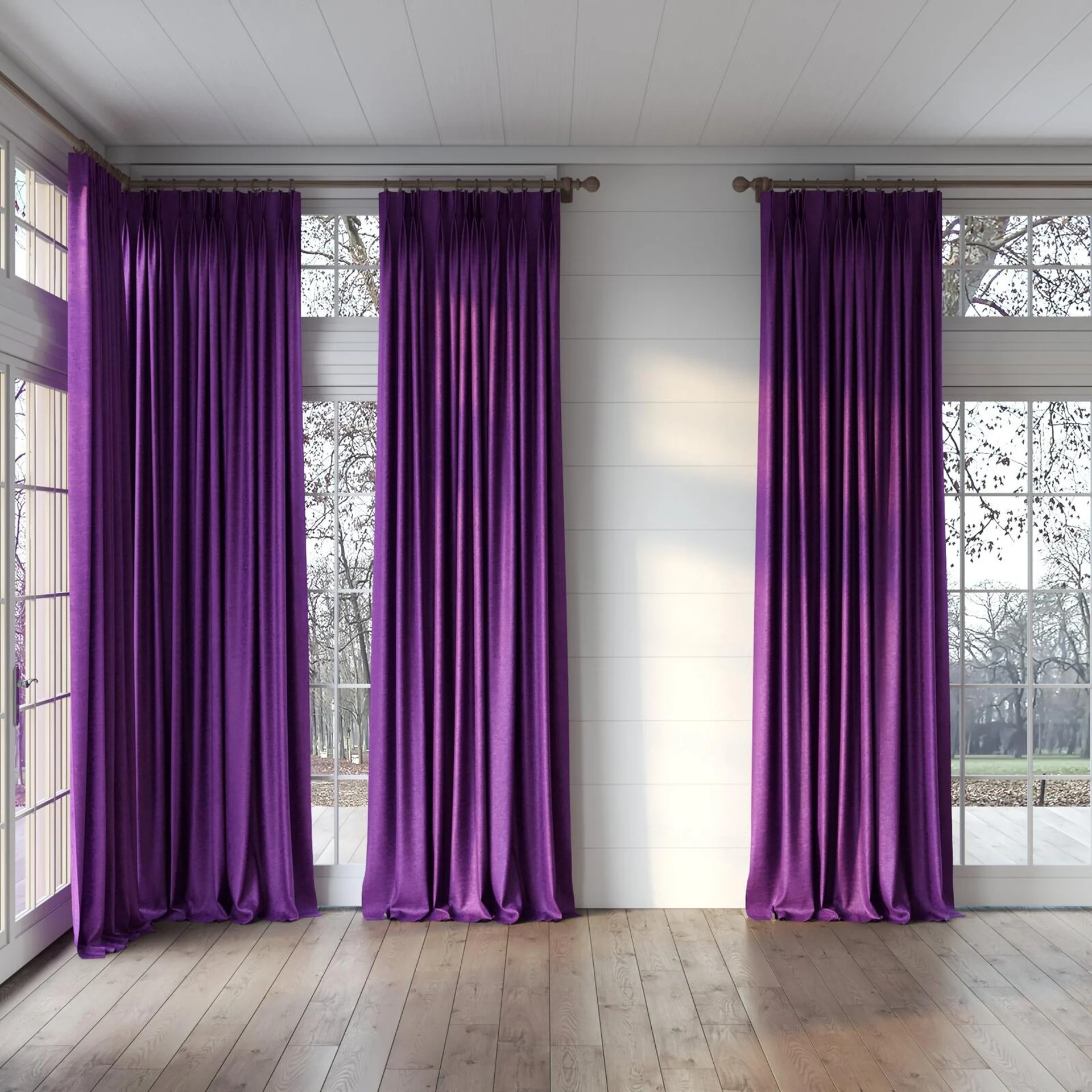 Full view of Hug Violet, puddled, on curtain rod