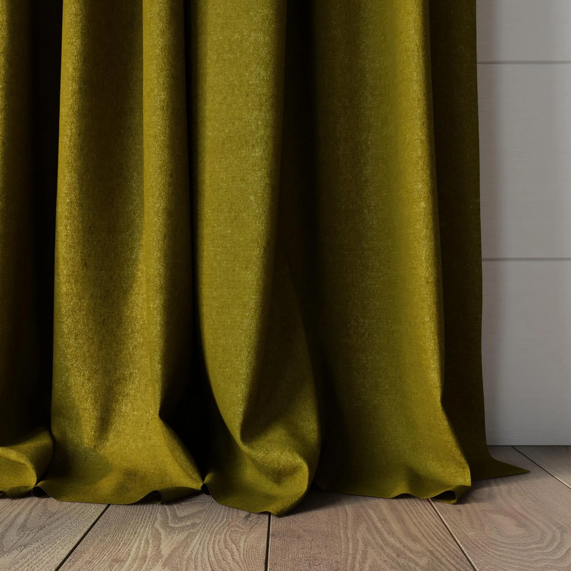 Bottom view of Drama Oasis, puddled, on curtain rod