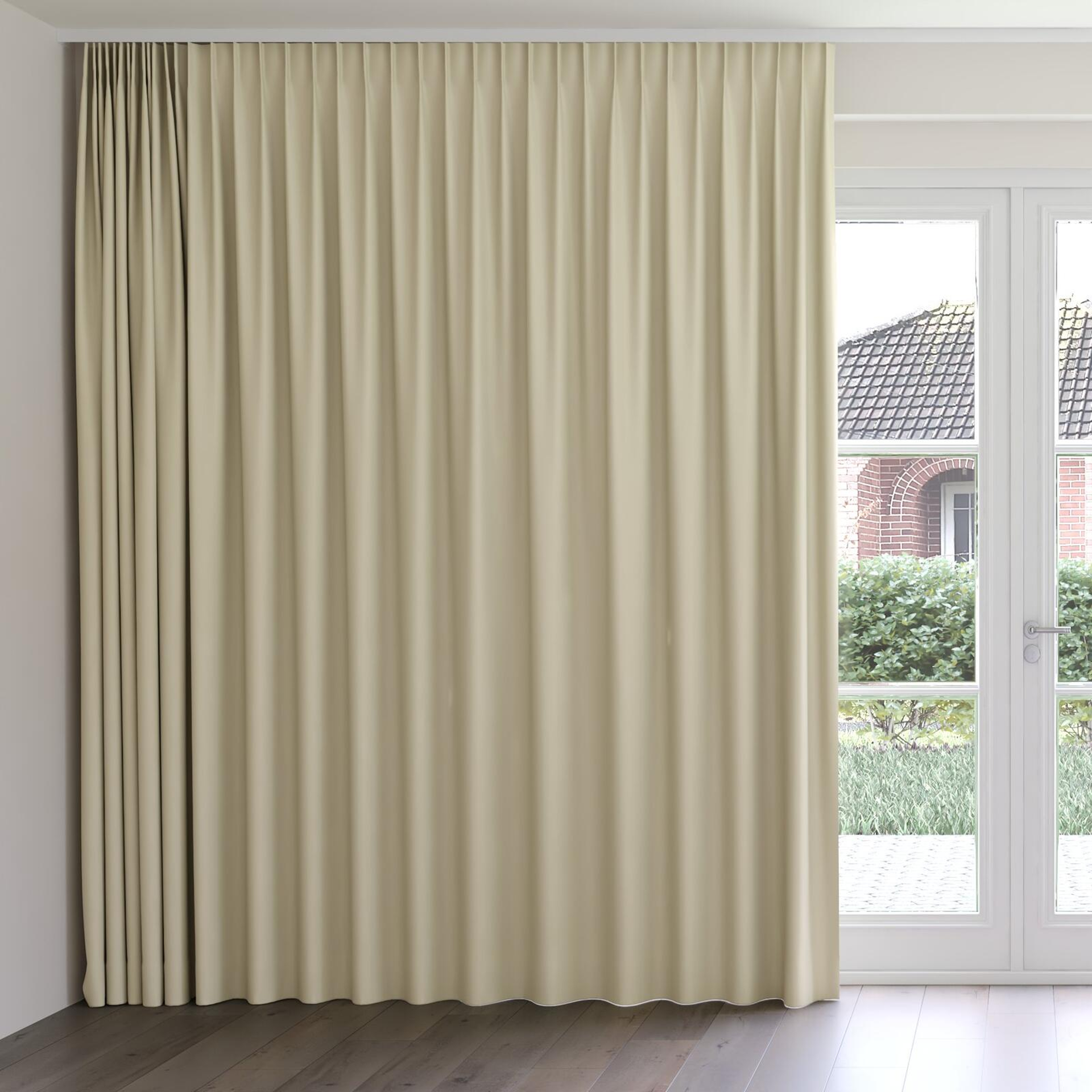 Front view of Ultra Dim Dune, on curtain rail