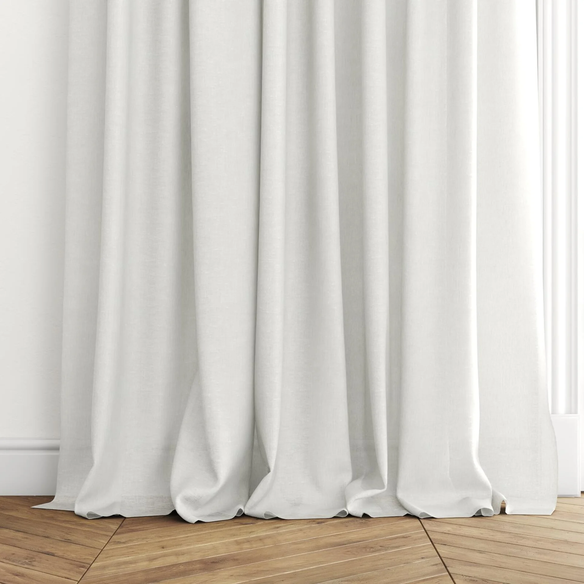 Bottom view of Elegance Fog, puddled with pinch pleat, on curtain rod