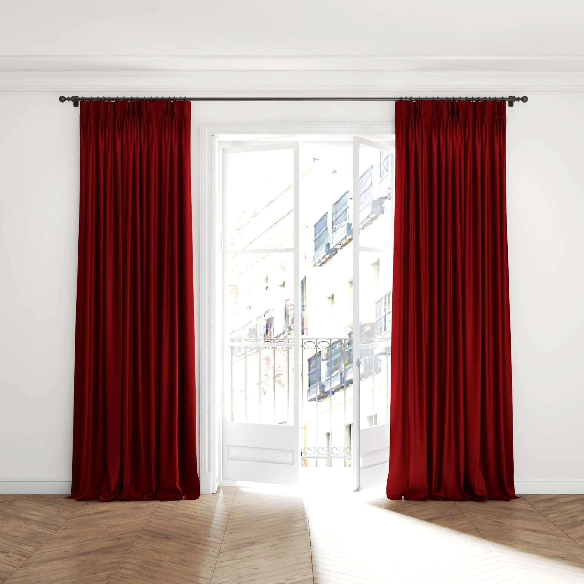Full view of Recharge Calypso, puddled with pinch pleat, on curtain rod