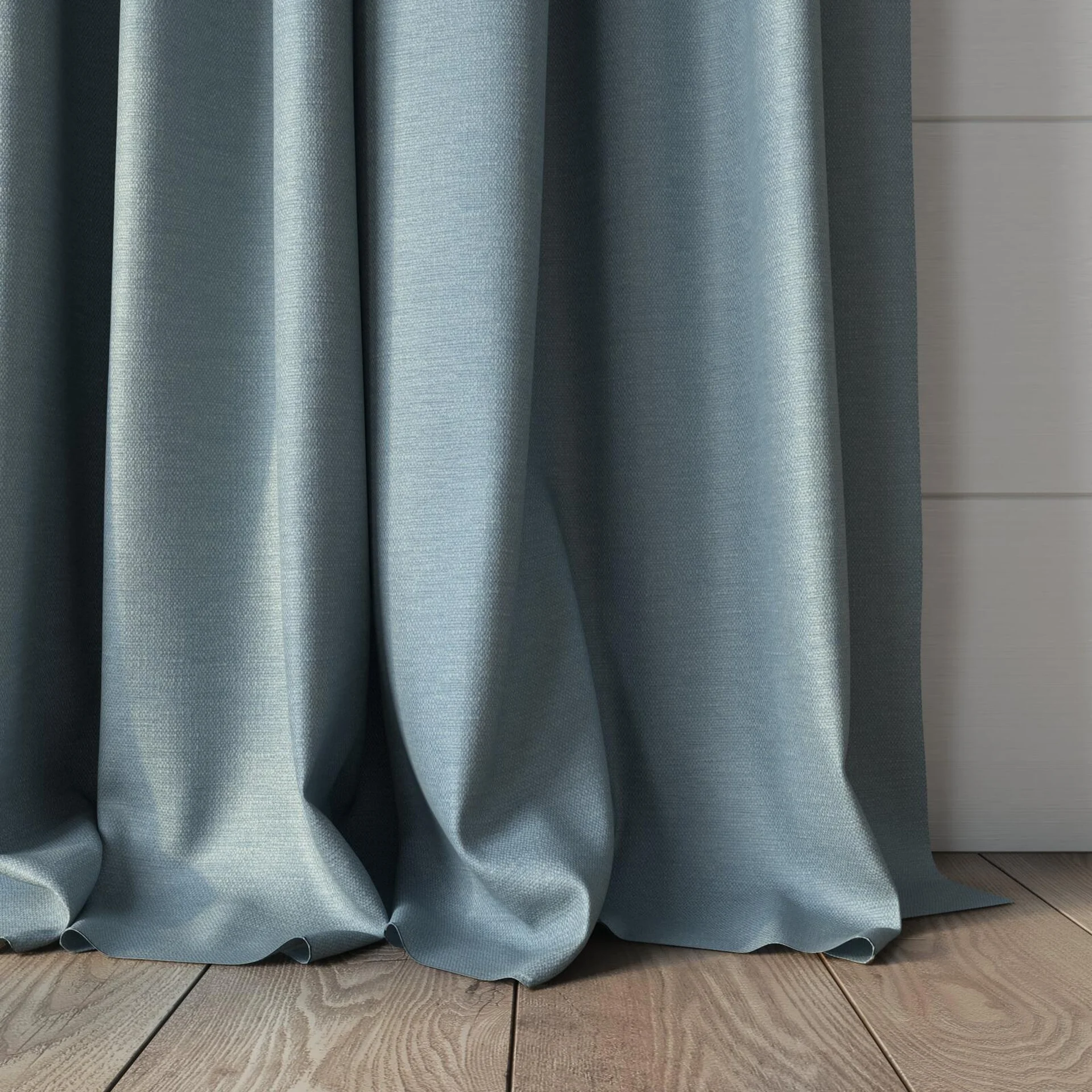 Bottom view of Colourwash Eco Spa, puddled, on curtain rod