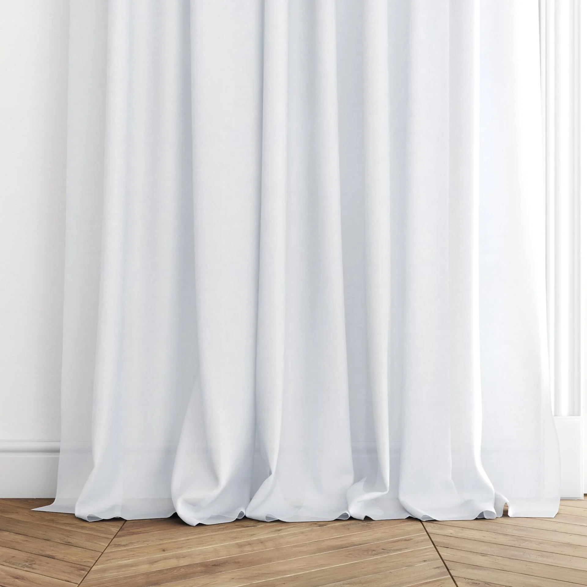 Bottom view of Flo II Ice, puddled with pinch pleat, on curtain rod