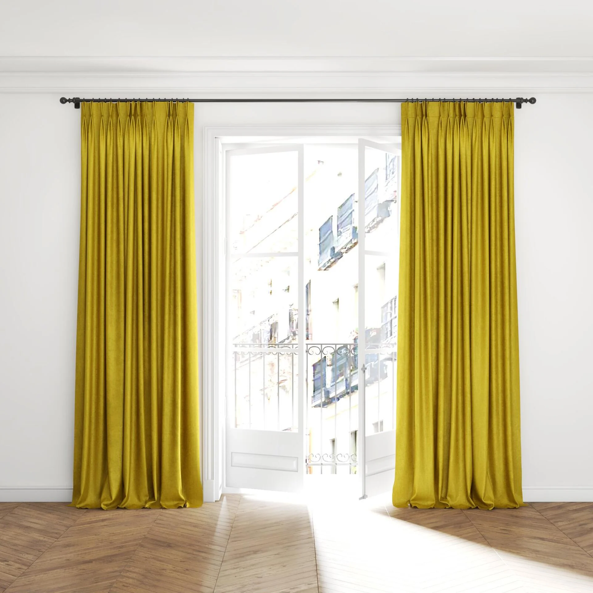 Full view of Hug Gold, puddled with pinch pleat, on curtain rod