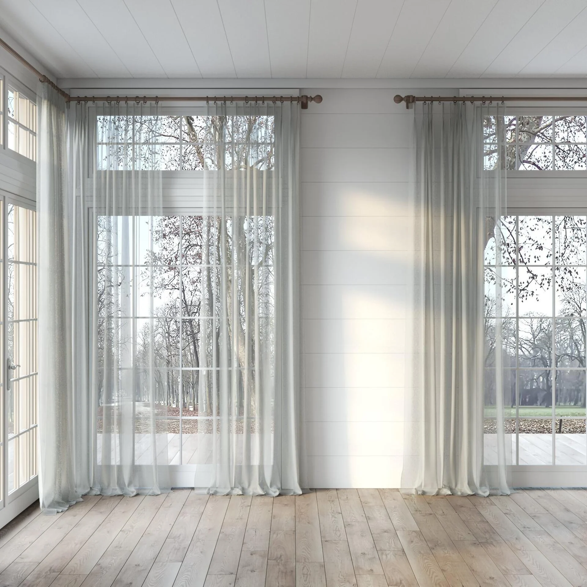 Full view of Aurora Fog, puddled, on curtain rod