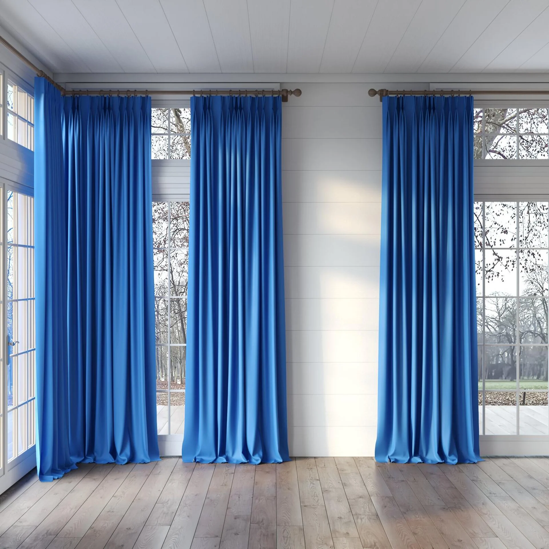 Full view of Ultra Dim Caribbean, puddled, on curtain rod