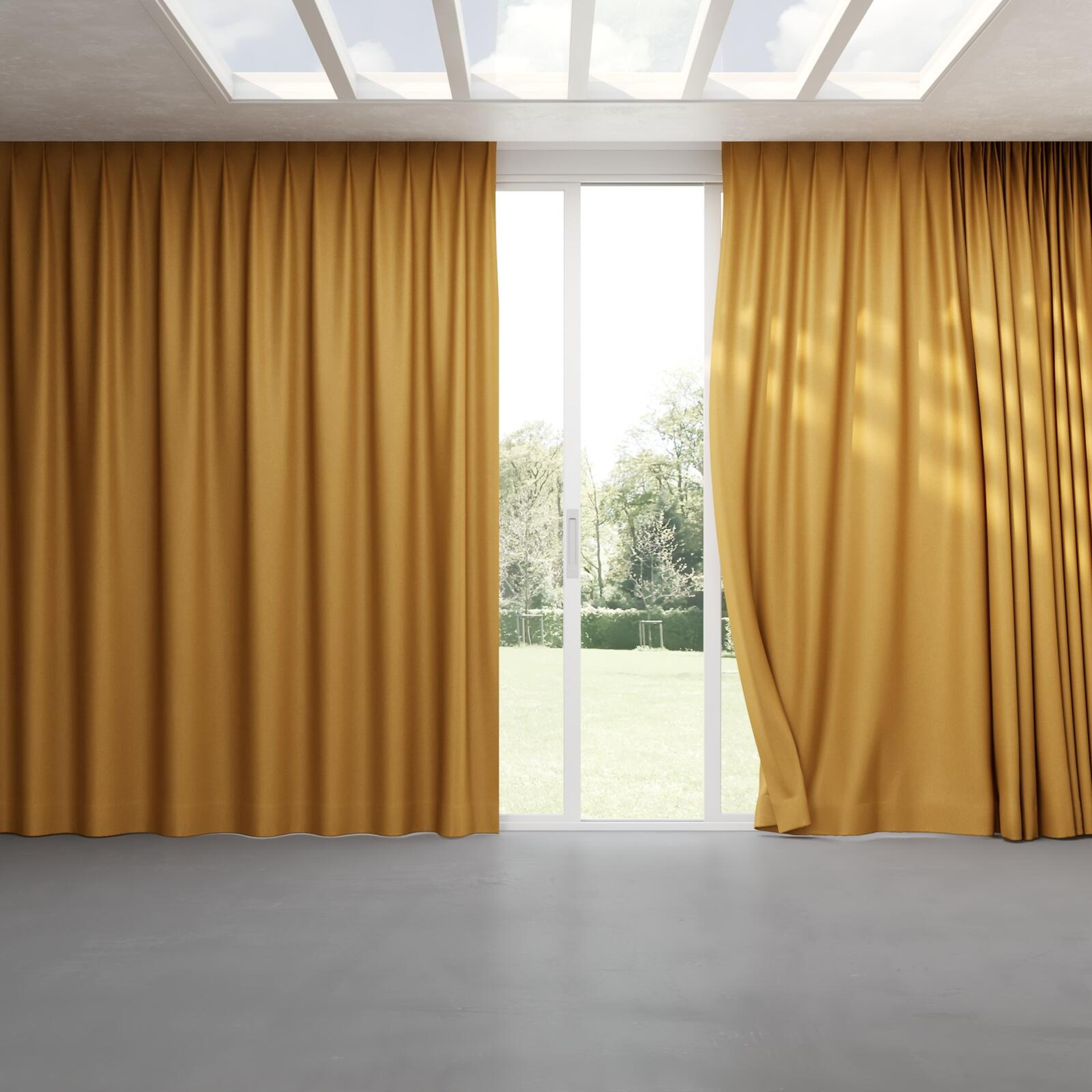 Full view of Woolly/Woolen Amber, pinch pleat