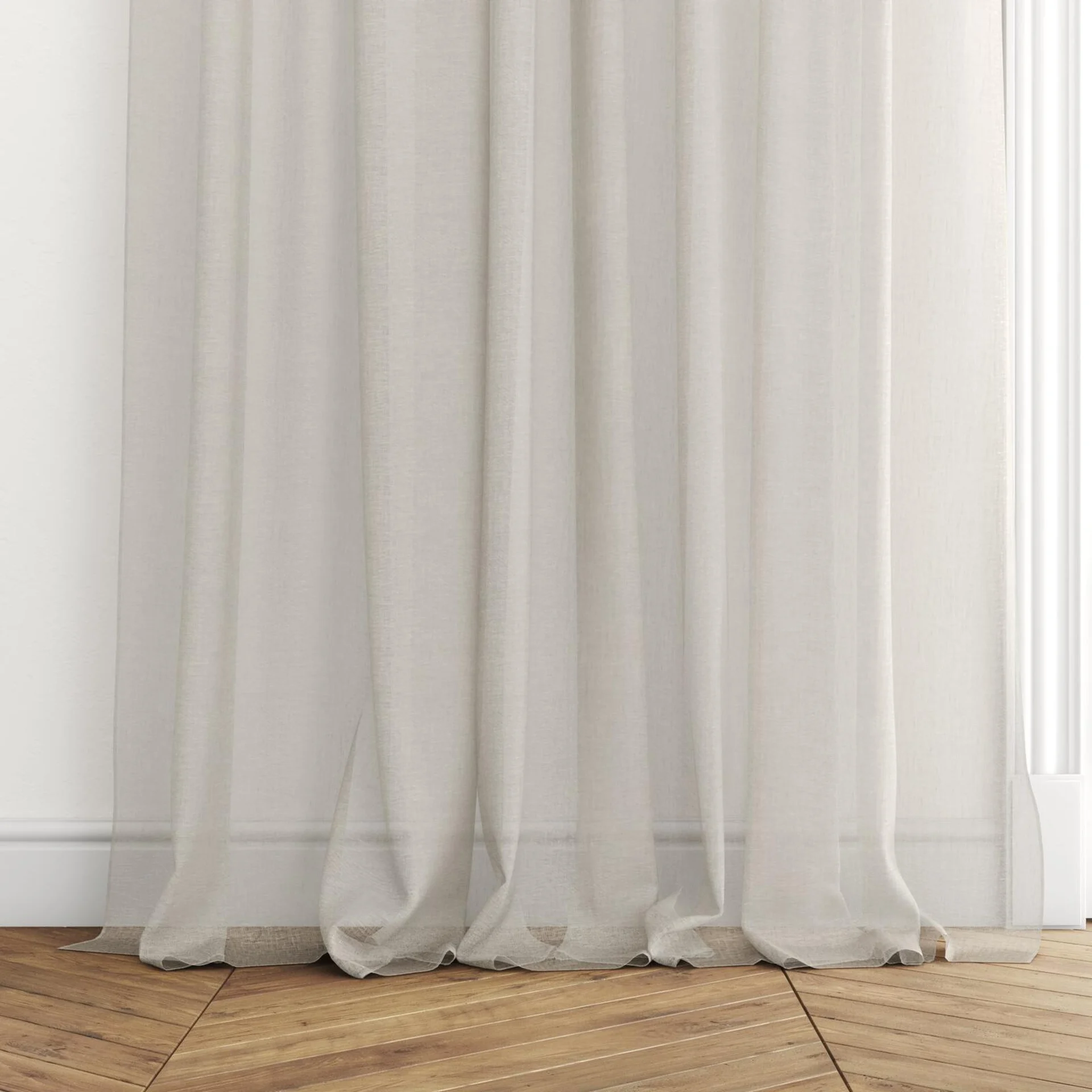 Bottom view of Pure Linen Sesame, puddled with pinch pleat, on curtain rod